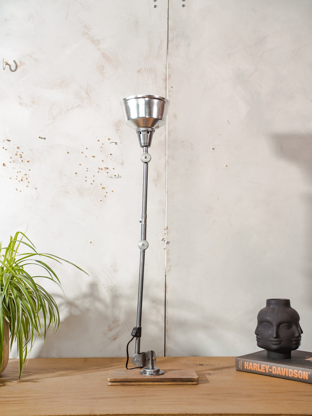 1950s Midgard R1 Lamp with 2 Arms, Restored Bauhaus Polished Desk Light, German Designer Lighting, Aluminum Shade, Curt Fischer Design