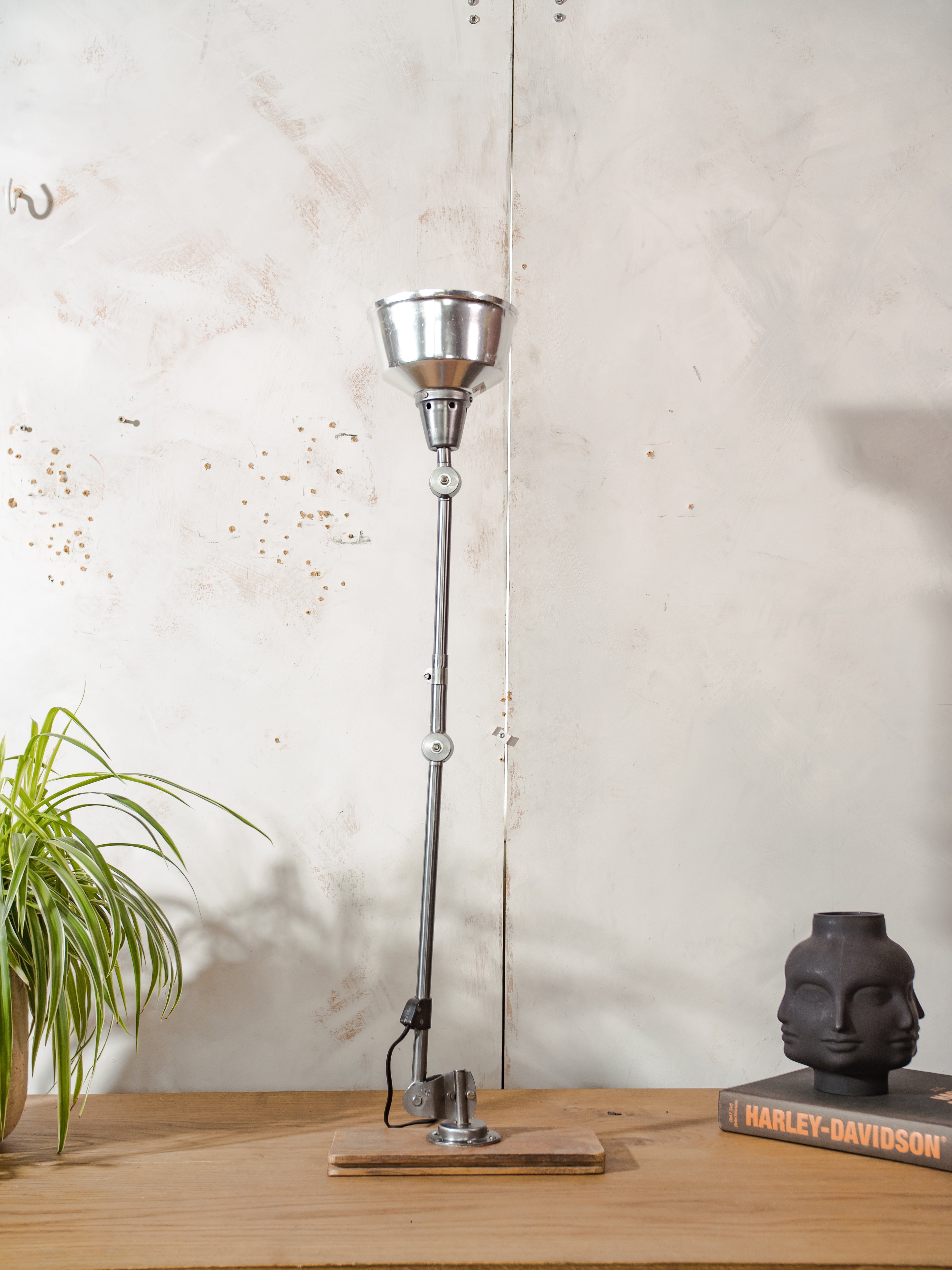 1950s Midgard R1 Lamp with 2 Arms, Restored Bauhaus Polished Desk Light, German Designer Lighting, Aluminum Shade, Curt Fischer Design
