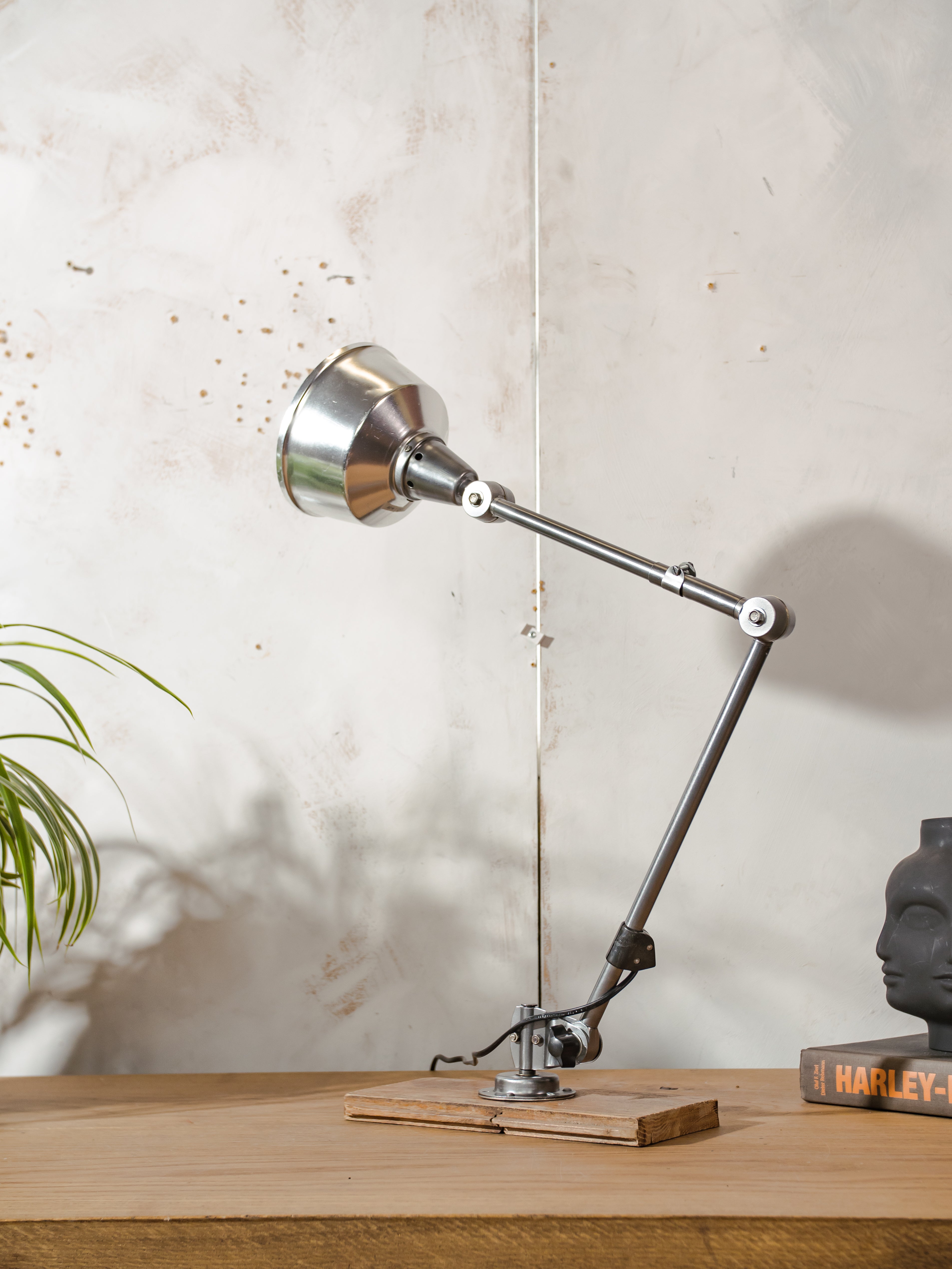 1950s Midgard R1 Lamp with 2 Arms, Restored Bauhaus Polished Desk Light, German Designer Lighting, Aluminum Shade, Curt Fischer Design