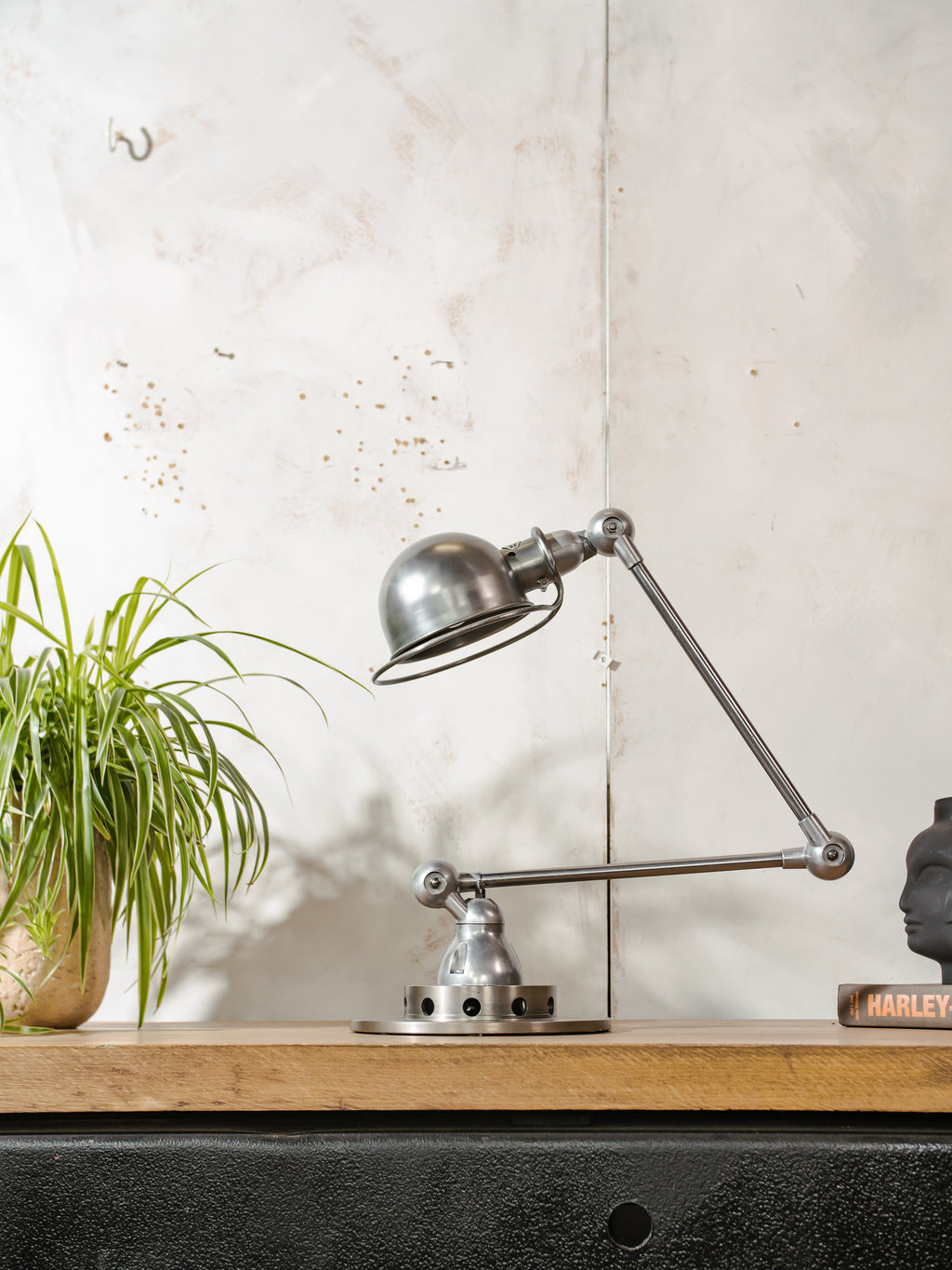 Polished 1950s Jieldé 2 Arm French Workshop Lamp on Brake disc, Jielde light, Vintage Designer Desk Lamp made by Jean Louis Domecq