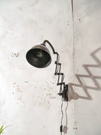 Vintage Machine black Scissor Lamp with Gooseneck, 1960s Wall Lighting by Elektroinstala Decín, Industrial Extendable Accordion Light