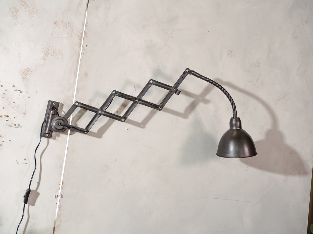 Vintage Machine black Scissor Lamp with Gooseneck, 1960s Wall Lighting by Elektroinstala Decín, Industrial Extendable Accordion Light