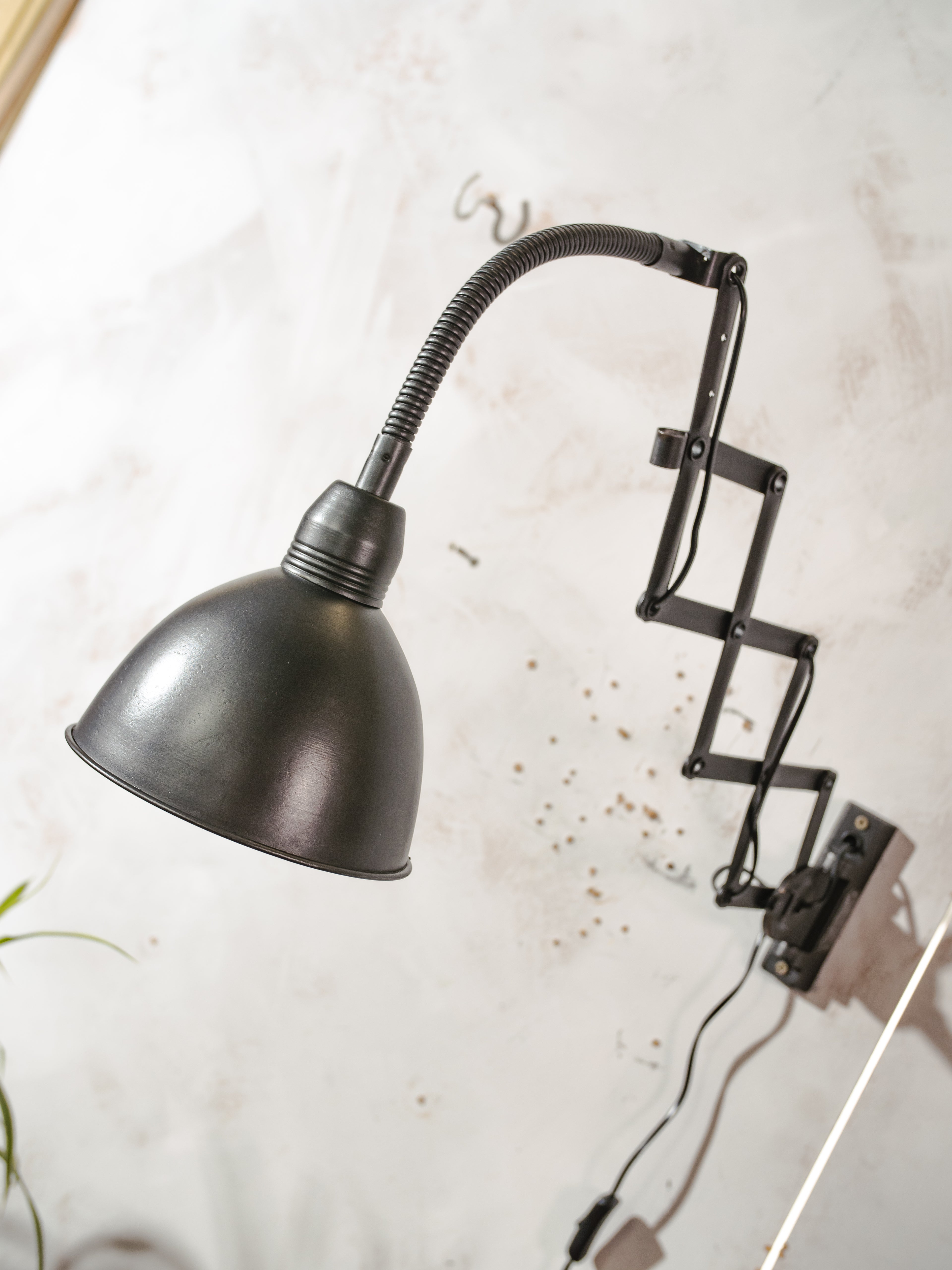 Vintage Machine black Scissor Lamp with Gooseneck, 1960s Wall Lighting by Elektroinstala Decín, Industrial Extendable Accordion Light