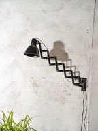1940s Reif Dresden Scissor Lamp, Renovated Bauhaus Wall Light, Black Industrial Adjustable Lamp with Bakelite Shade, Rare Vintage Lighting