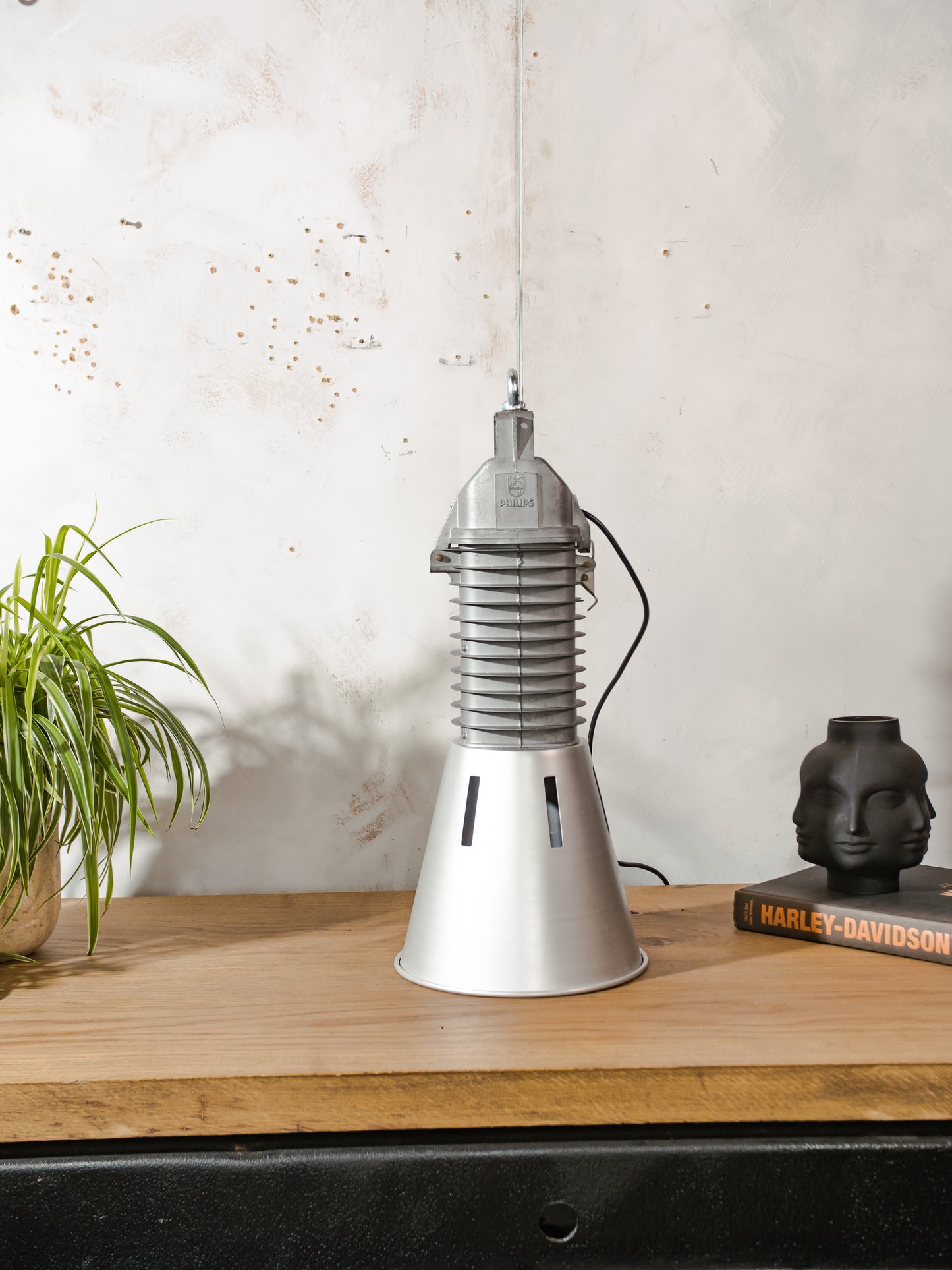 Vintage industriële hanglamp Philips, aluminium jaren 50 XXL grijze fabriekslamp - Gegoten aluminium keukeneilandverlichting - Gemaakt in Nederland