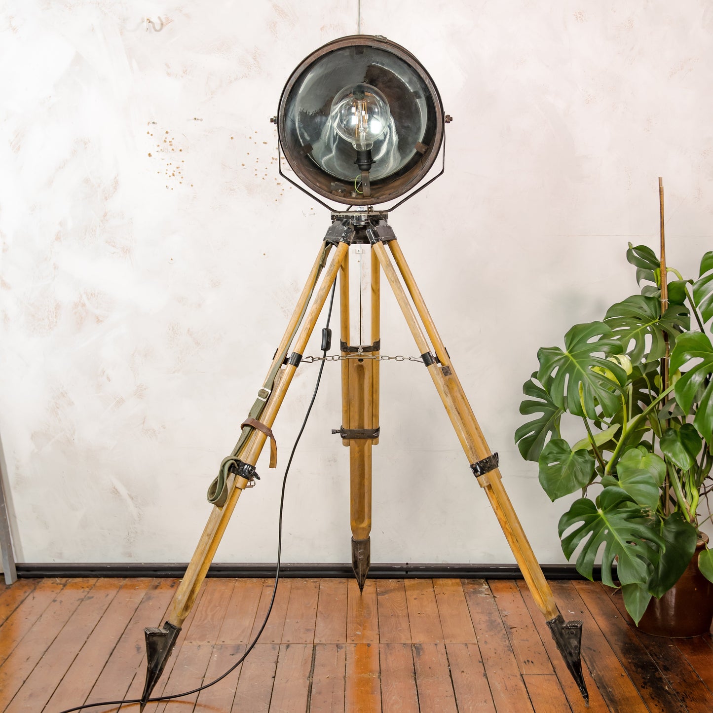 Vintage Military Ship Searchlight on Wooden Surveyors Tripod, Industrial Floor lamp Spotlight | One of a kind Tripod light