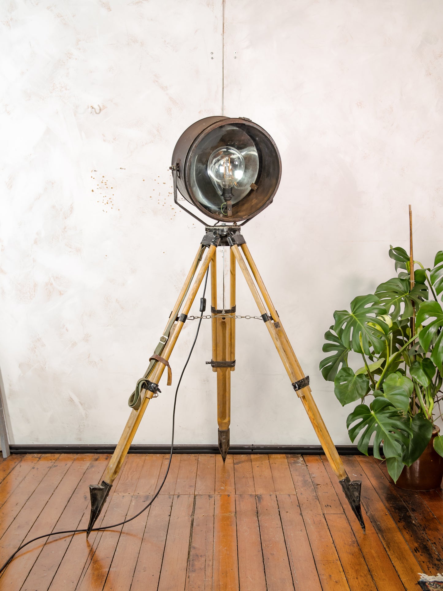 Vintage Military Ship Searchlight on Wooden Surveyors Tripod, Industrial Floor lamp Spotlight | One of a kind Tripod light