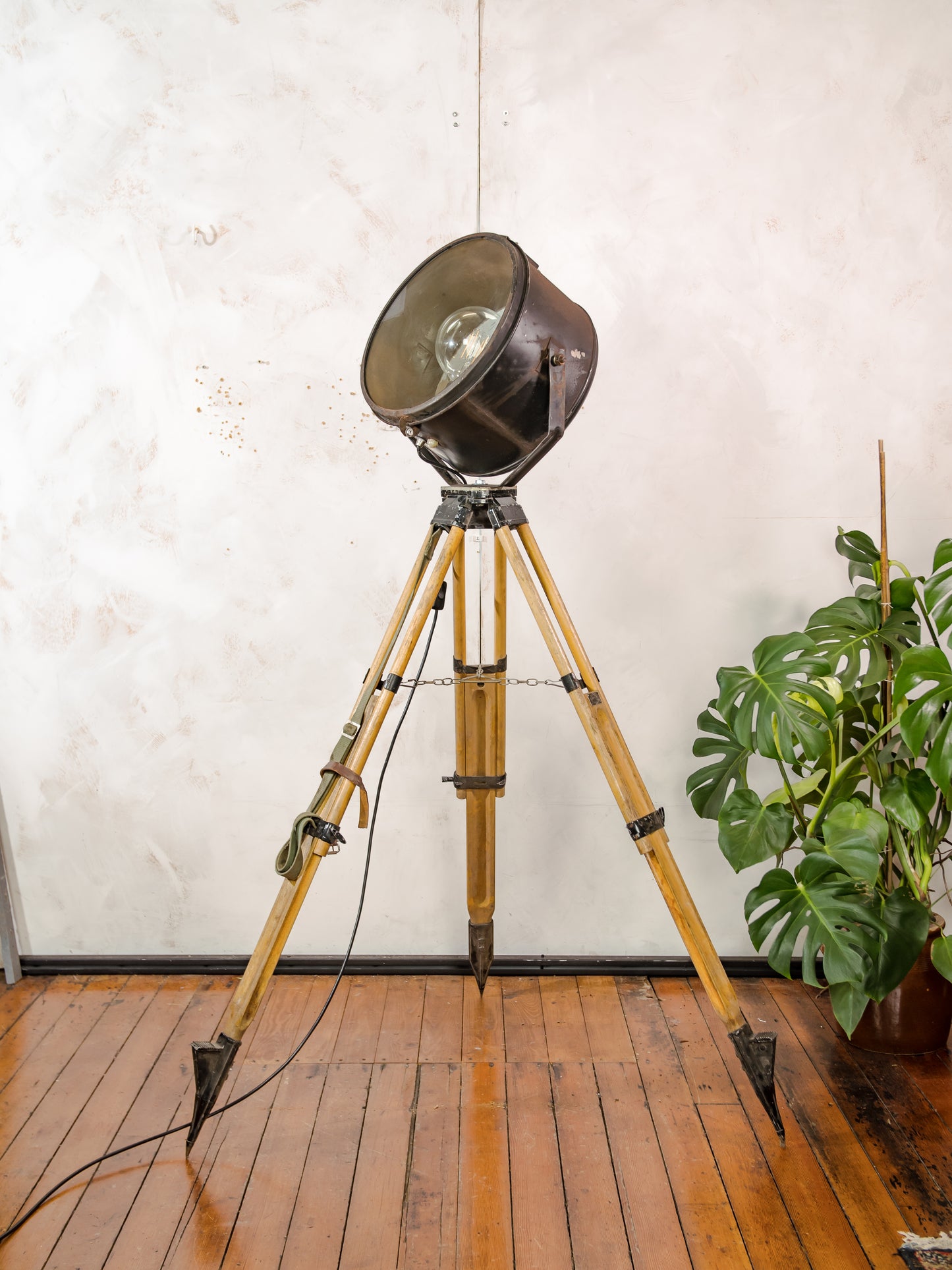 Vintage Military Ship Searchlight on Wooden Surveyors Tripod, Industrial Floor lamp Spotlight | One of a kind Tripod light