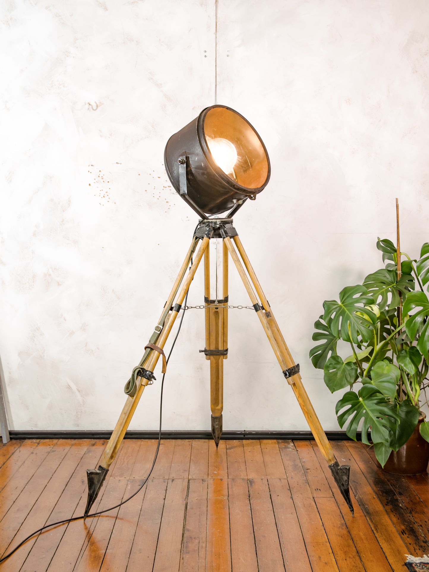 Vintage Military Ship Searchlight on Wooden Surveyors Tripod, Industrial Floor lamp Spotlight | One of a kind Tripod light