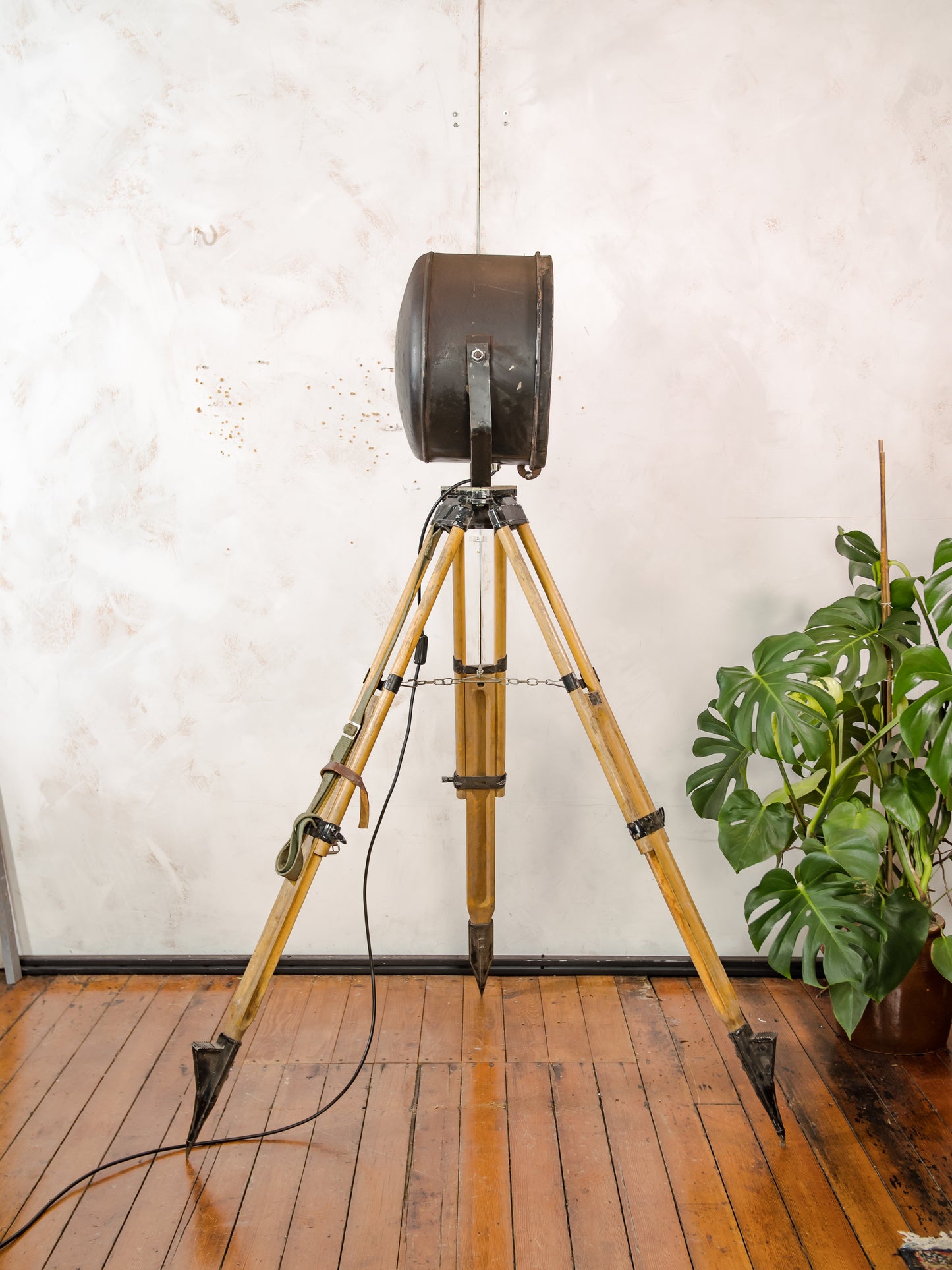 Vintage Military Ship Searchlight on Wooden Surveyors Tripod, Industrial Floor lamp Spotlight | One of a kind Tripod light