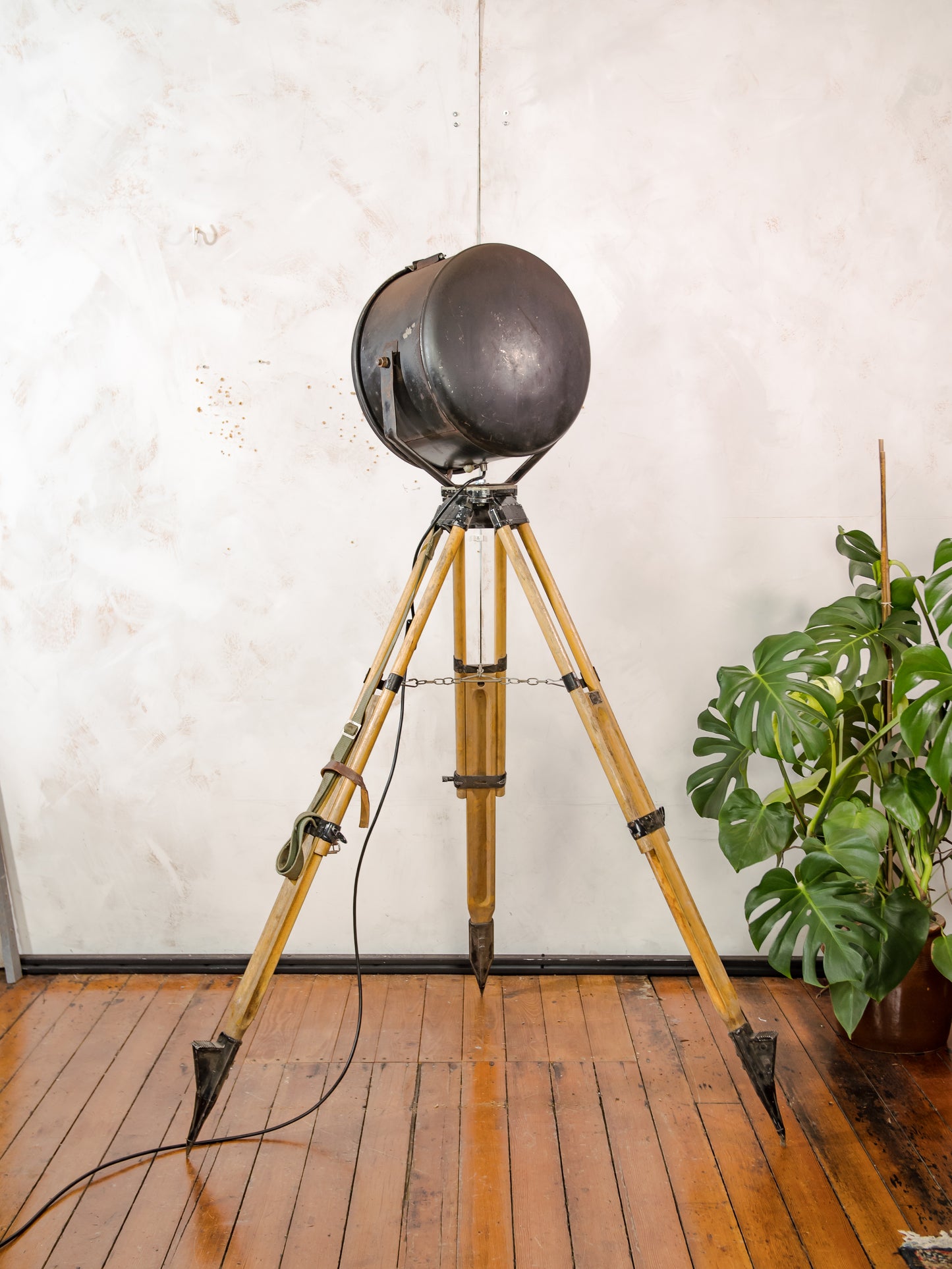 Vintage Military Ship Searchlight on Wooden Surveyors Tripod, Industrial Floor lamp Spotlight | One of a kind Tripod light