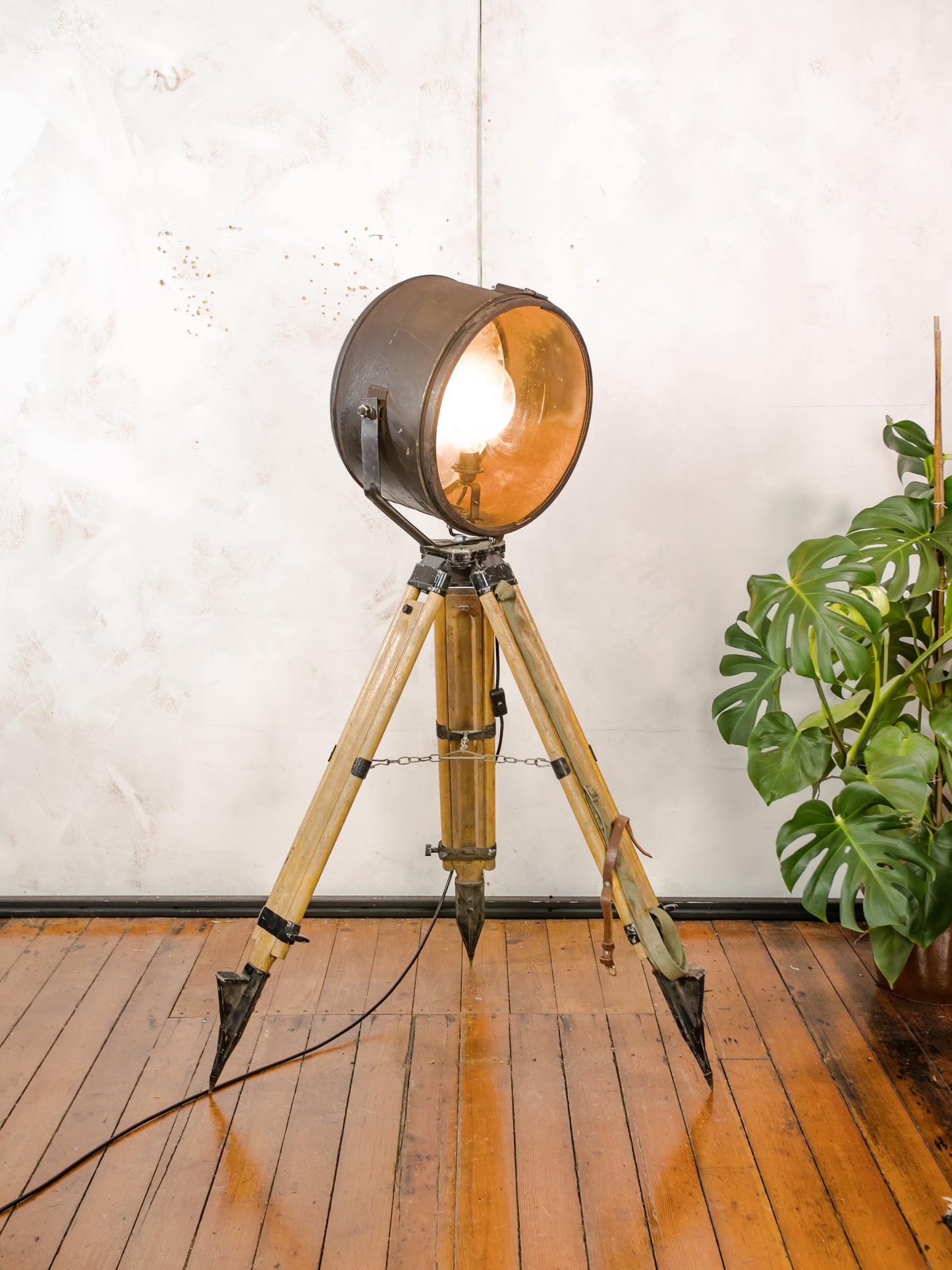 Vintage Military Ship Searchlight on Wooden Surveyors Tripod, Industrial Floor lamp Spotlight | One of a kind Tripod light