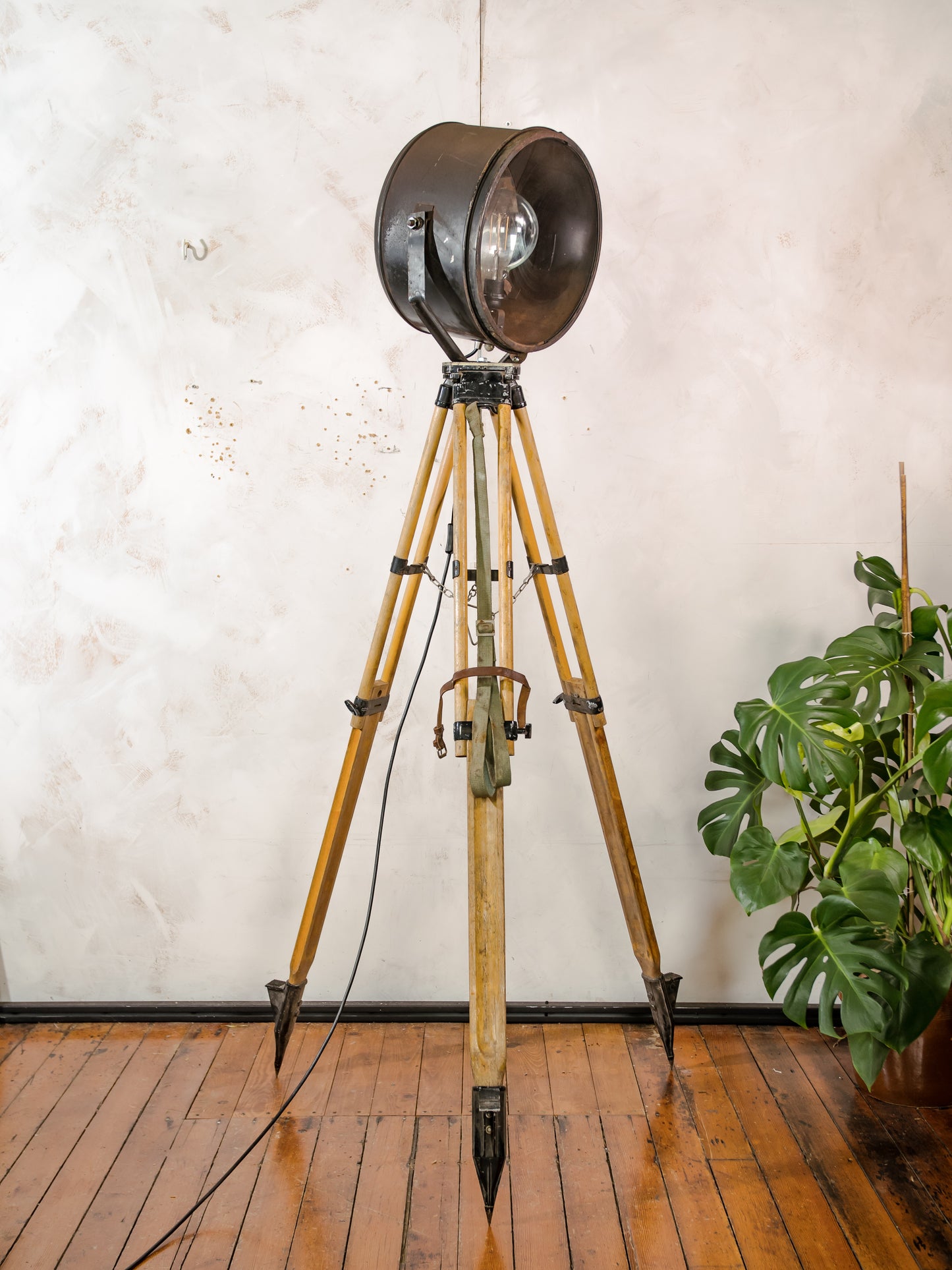 Vintage Military Ship Searchlight on Wooden Surveyors Tripod, Industrial Floor lamp Spotlight | One of a kind Tripod light