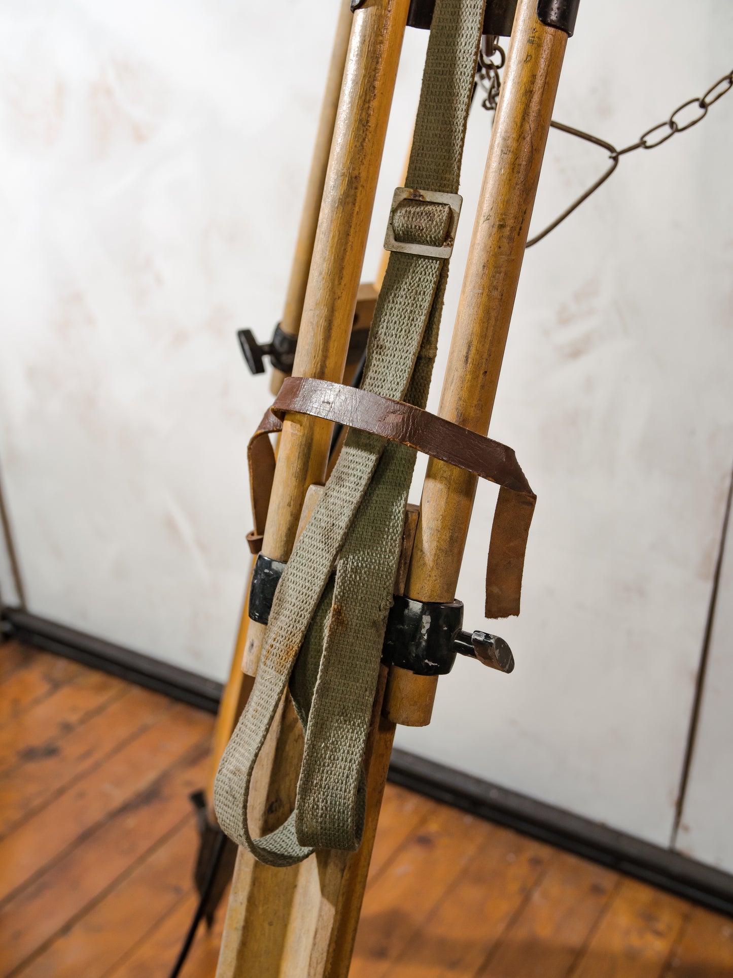 Vintage Military Ship Searchlight on Wooden Surveyors Tripod, Industrial Floor lamp Spotlight | One of a kind Tripod light