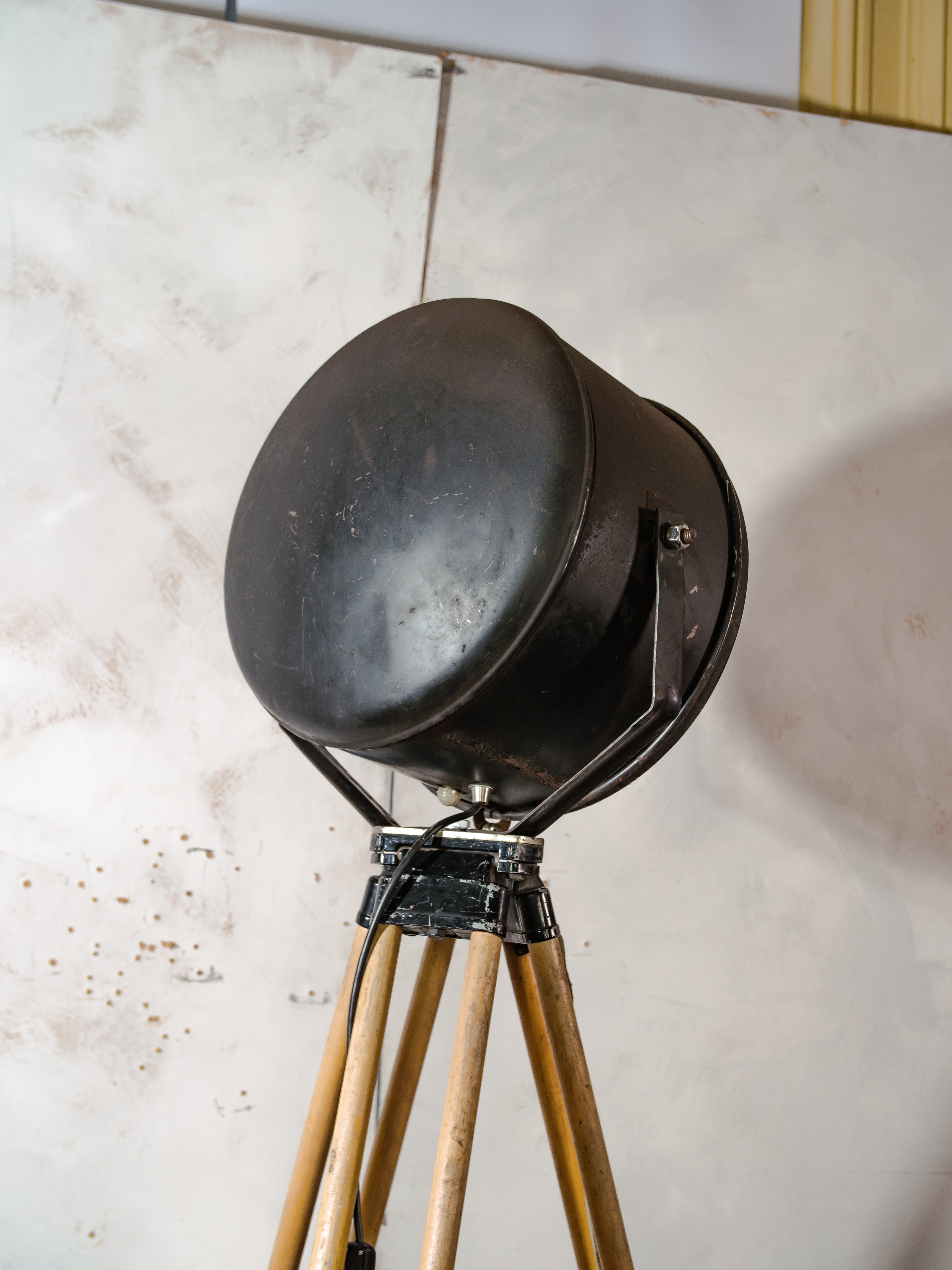 Vintage Military Ship Searchlight on Wooden Surveyors Tripod, Industrial Floor lamp Spotlight | One of a kind Tripod light