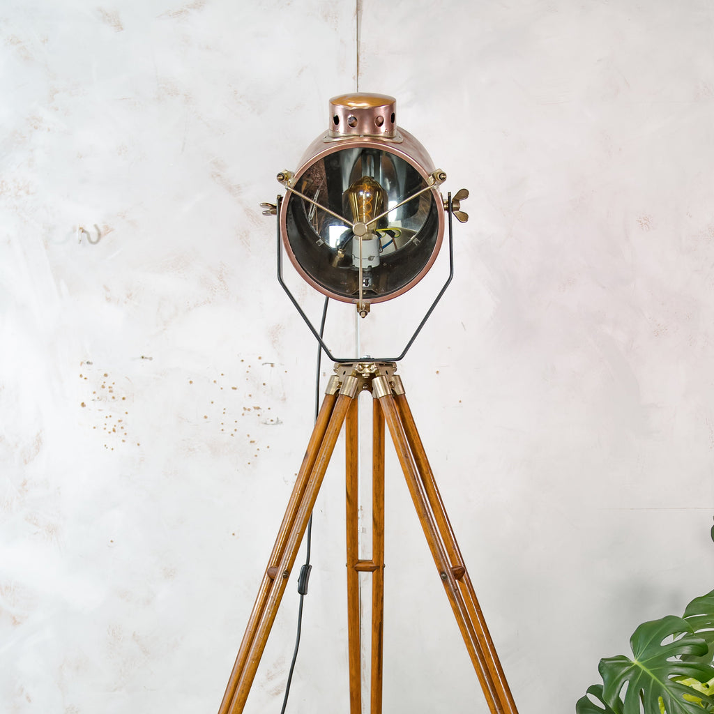 Antique Francis Bolton Searchlight 1930s, Copper and Brass Spotlight on Classic wooden Tripod,Ship lamp Nautical home decor
