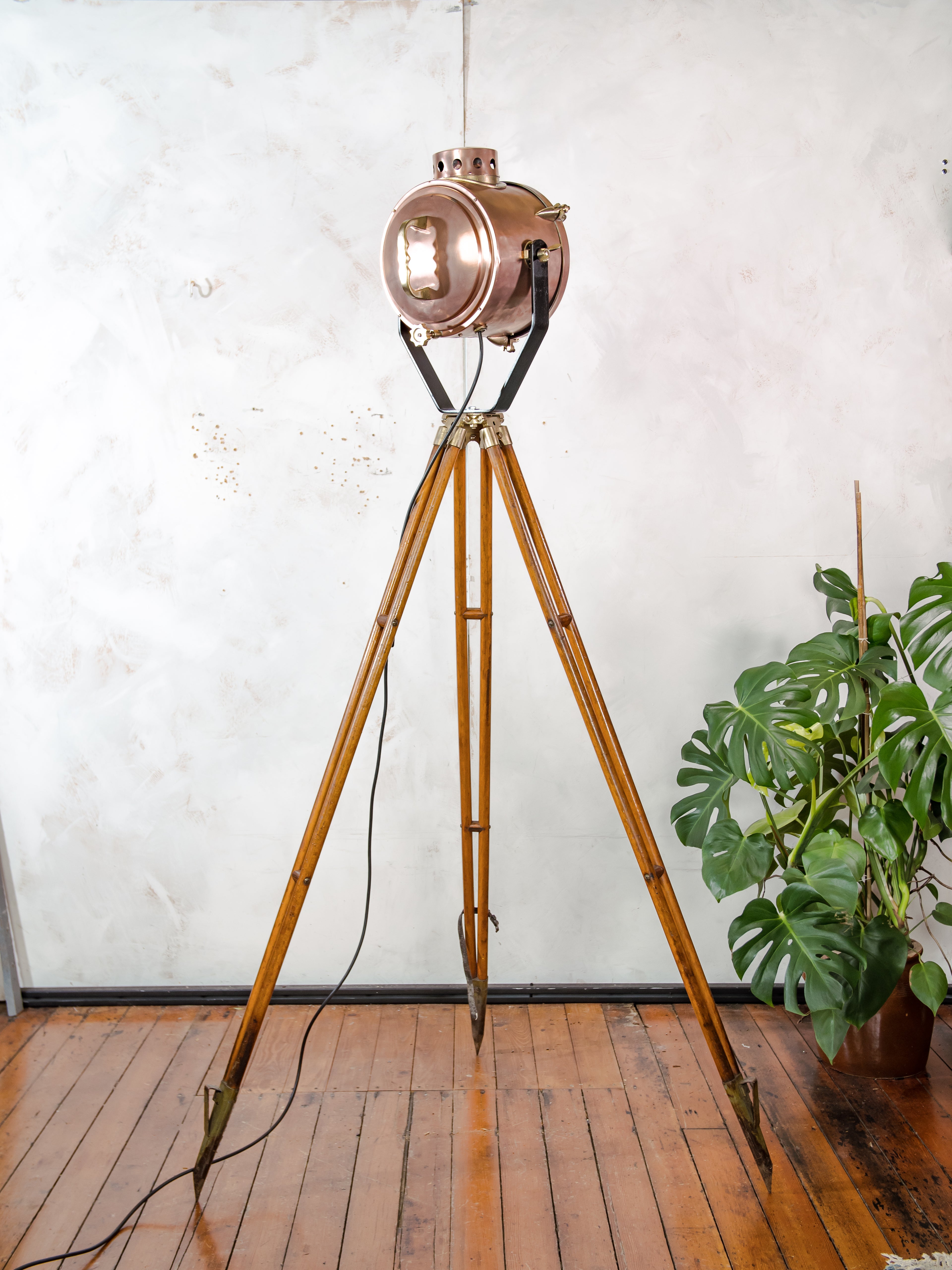 Antique Francis Bolton Searchlight 1930s, Copper and Brass Spotlight on Classic wooden Tripod,Ship lamp Nautical home decor