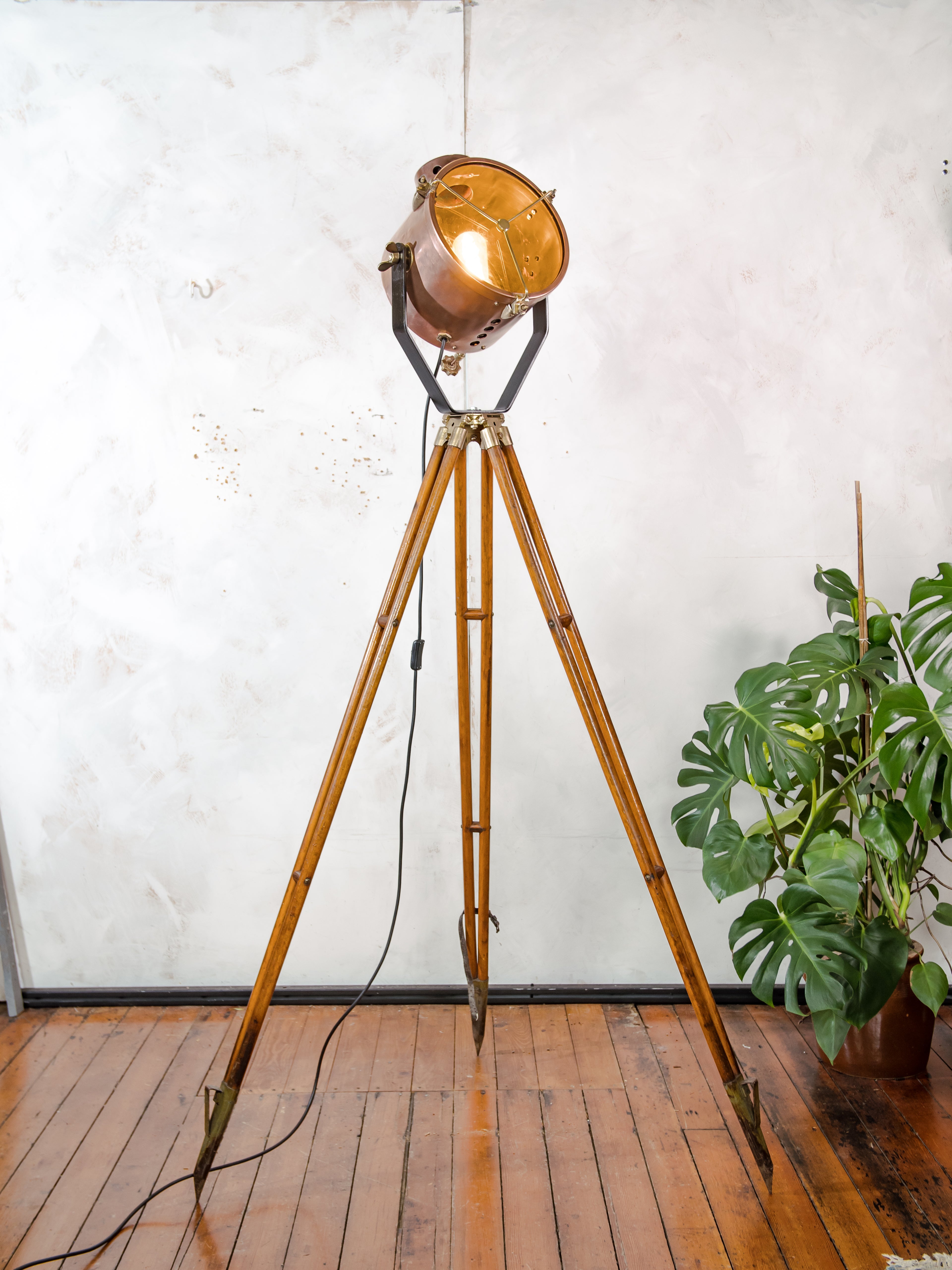 Antique Francis Bolton Searchlight 1930s, Copper and Brass Spotlight on Classic wooden Tripod,Ship lamp Nautical home decor