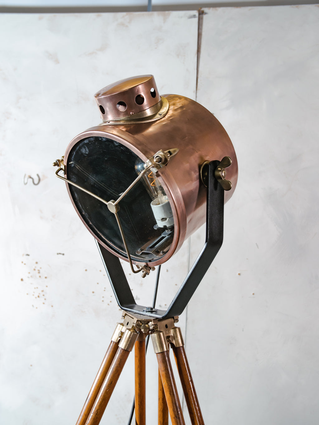 Antique Francis Bolton Searchlight 1930s, Copper and Brass Spotlight on Classic wooden Tripod,Ship lamp Nautical home decor
