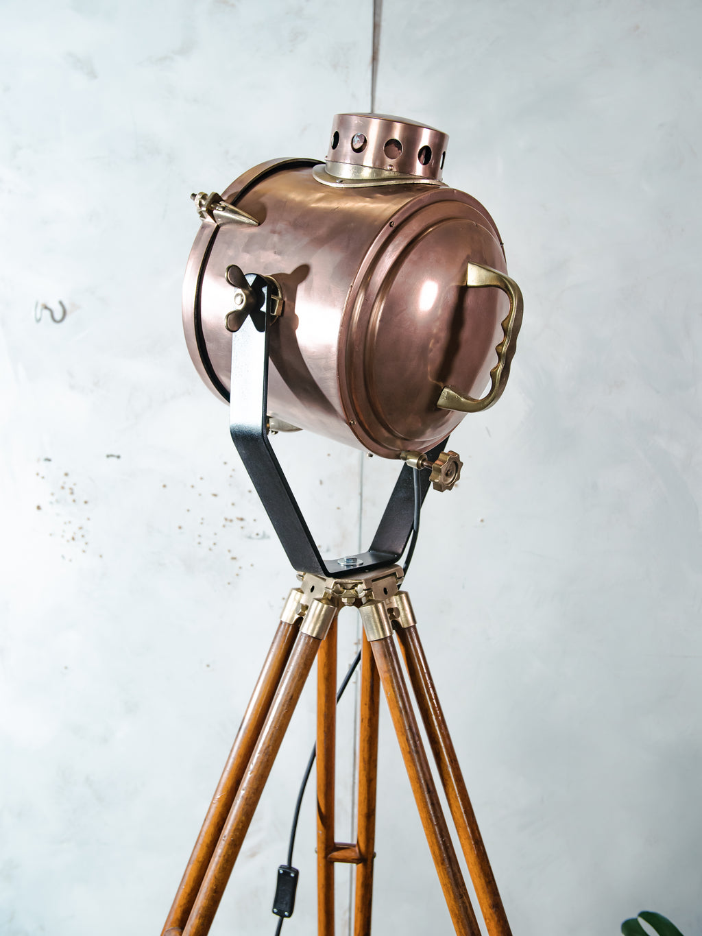 Antique Francis Bolton Searchlight 1930s, Copper and Brass Spotlight on Classic wooden Tripod,Ship lamp Nautical home decor