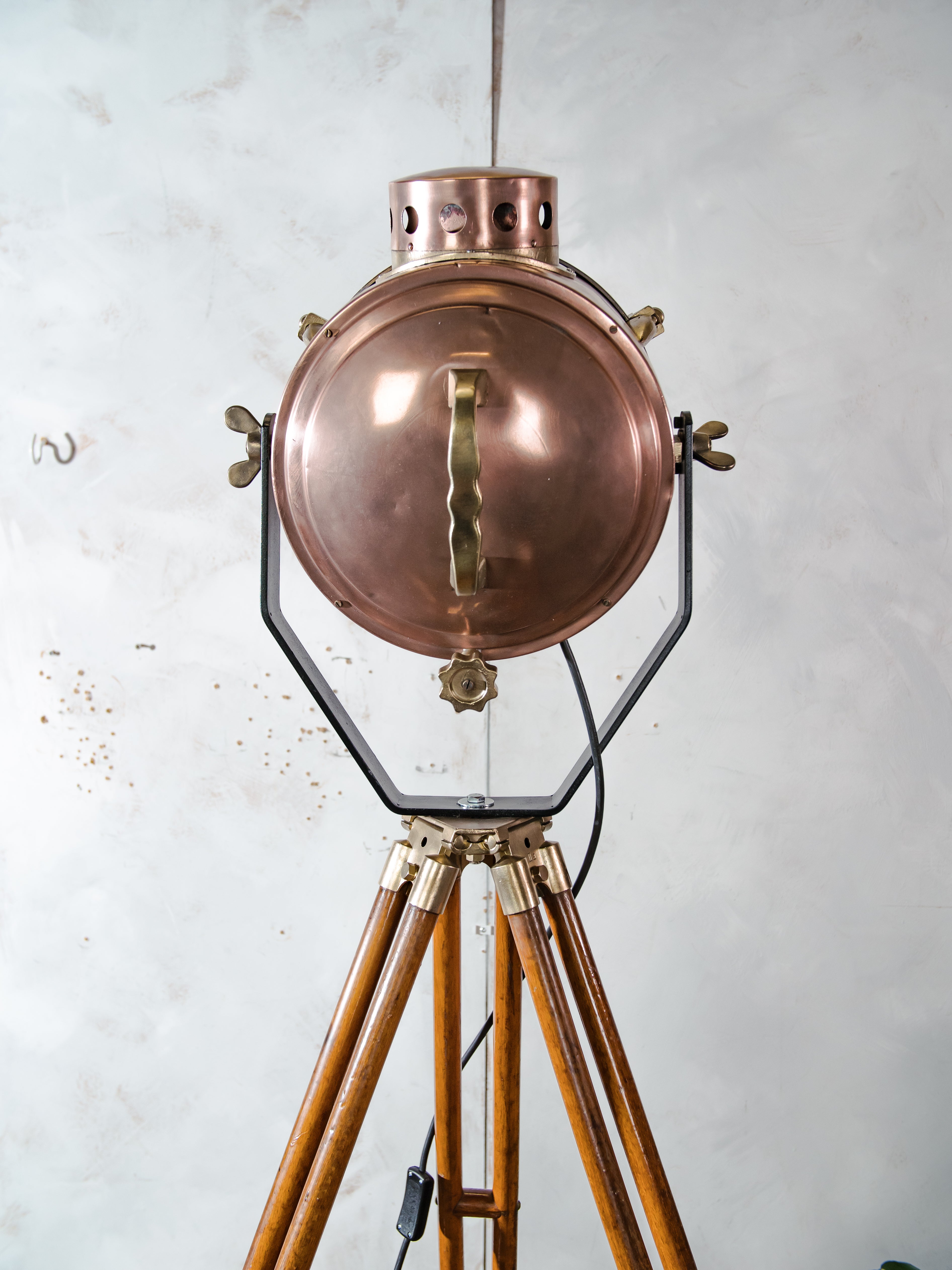 Antique Francis Bolton Searchlight 1930s, Copper and Brass Spotlight on Classic wooden Tripod,Ship lamp Nautical home decor