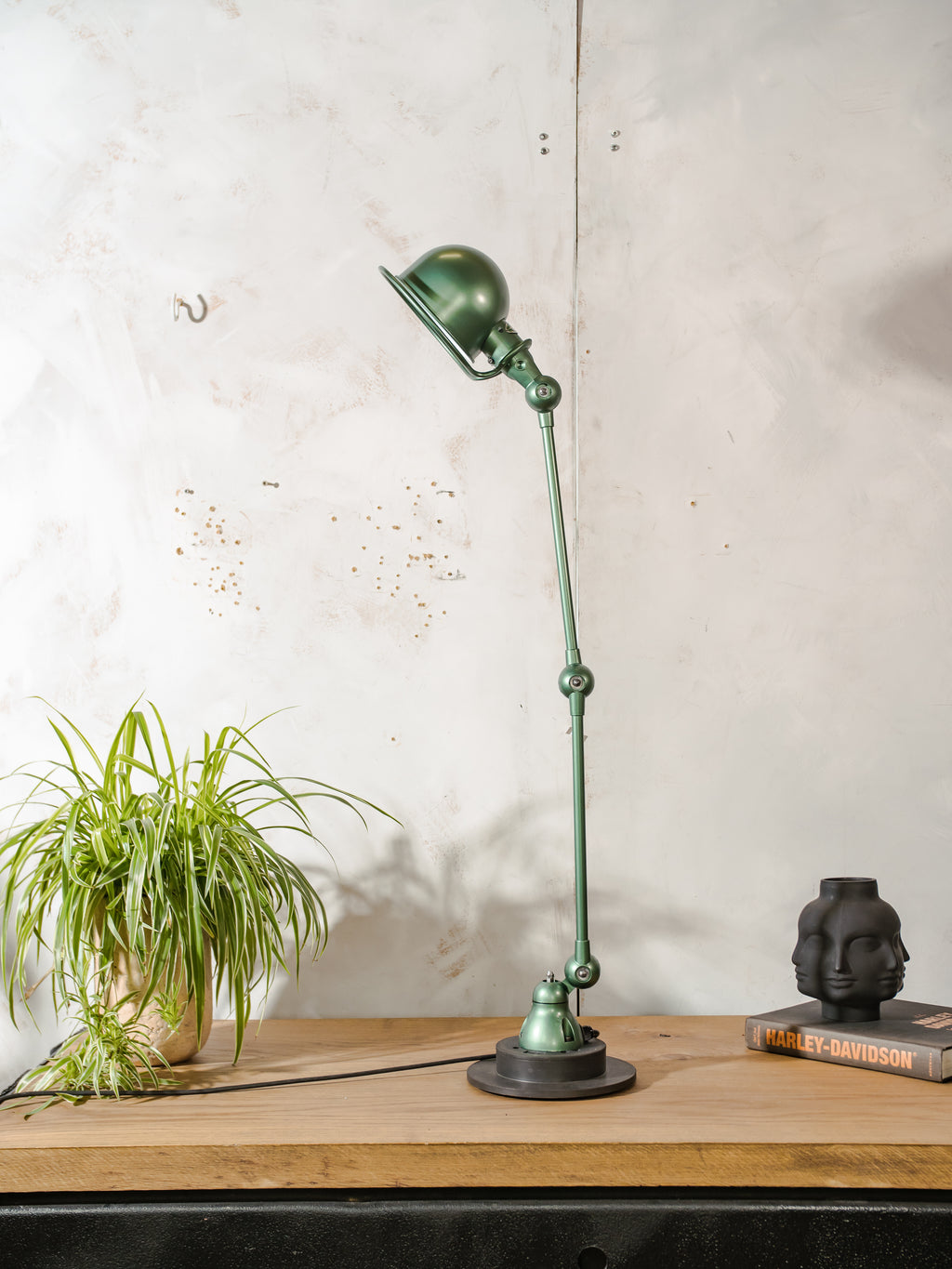 Green Renovated 1950s Jieldé 2 Arm French Workshop Lamp on Brake disc, Jielde light, Vintage Designer Desk Lamp by Jean Louis Domecq