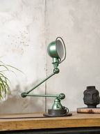 Green Renovated 1950s Jieldé 2 Arm French Workshop Lamp on Brake disc, Jielde light, Vintage Designer Desk Lamp by Jean Louis Domecq