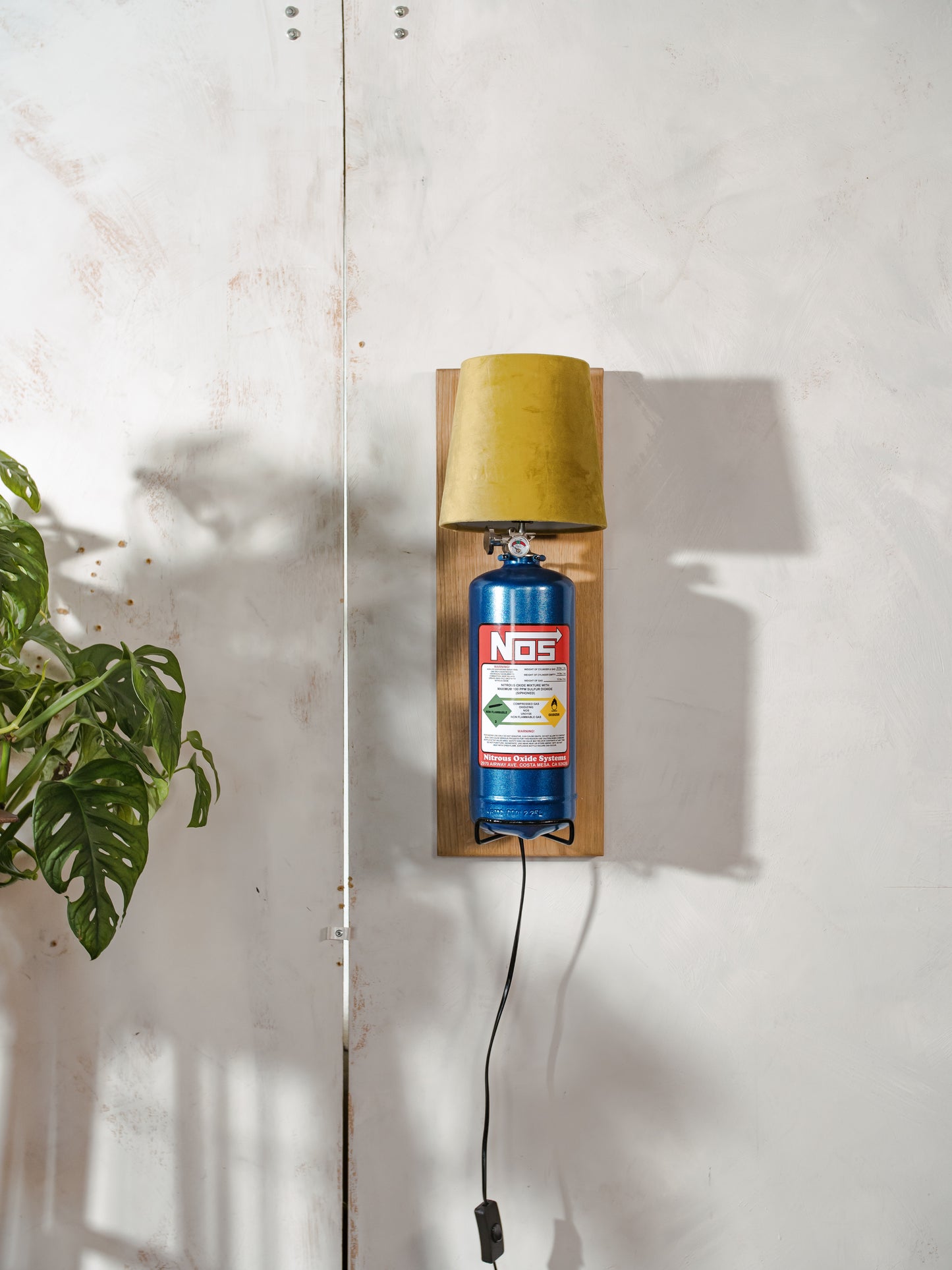 Nitrous Oxide NOS Wall Lamp Sconce, Blue Metal Bottle with Green Lampshade on Oak wood, Upcycled Fire Extinguisher, Autosport Decor