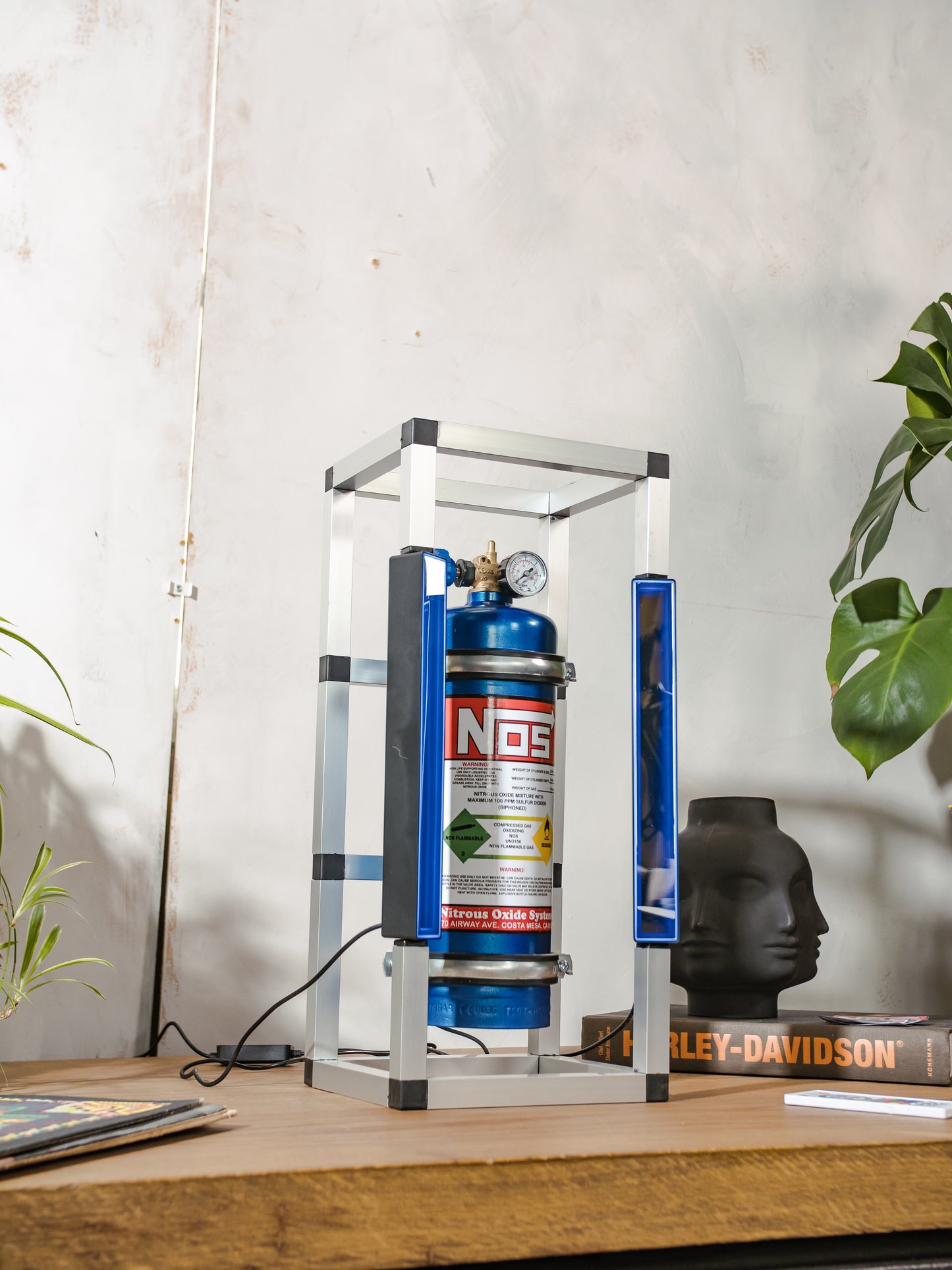 NOS Nitrous Box Cage Lamp, Upcycled Fire Extinguisher Light, Wall or Table Lamp with LED Lightbars & Remote | Racing Decor for Car Lovers