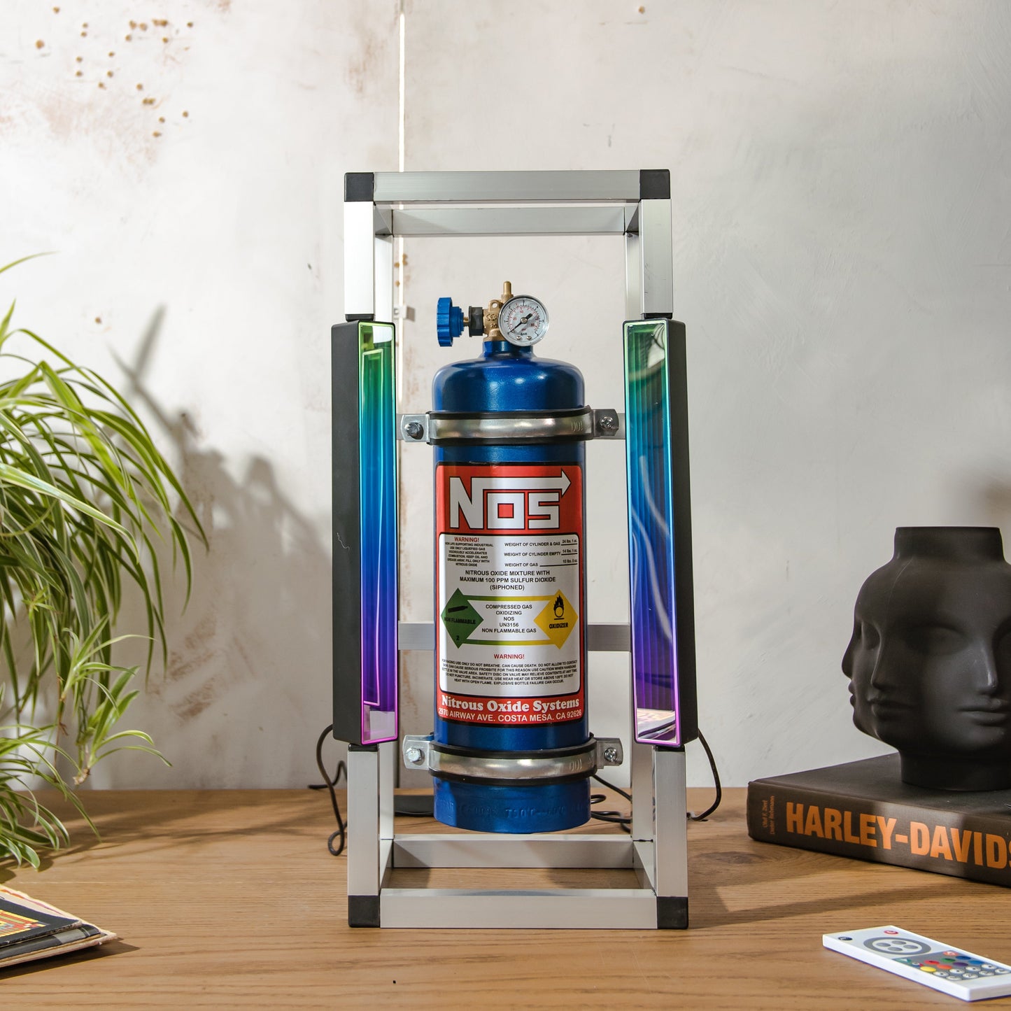 NOS Nitrous Box Cage Lamp, Upcycled Fire Extinguisher Light, Wall or Table Lamp with LED Lightbars & Remote | Racing Decor for Car Lovers