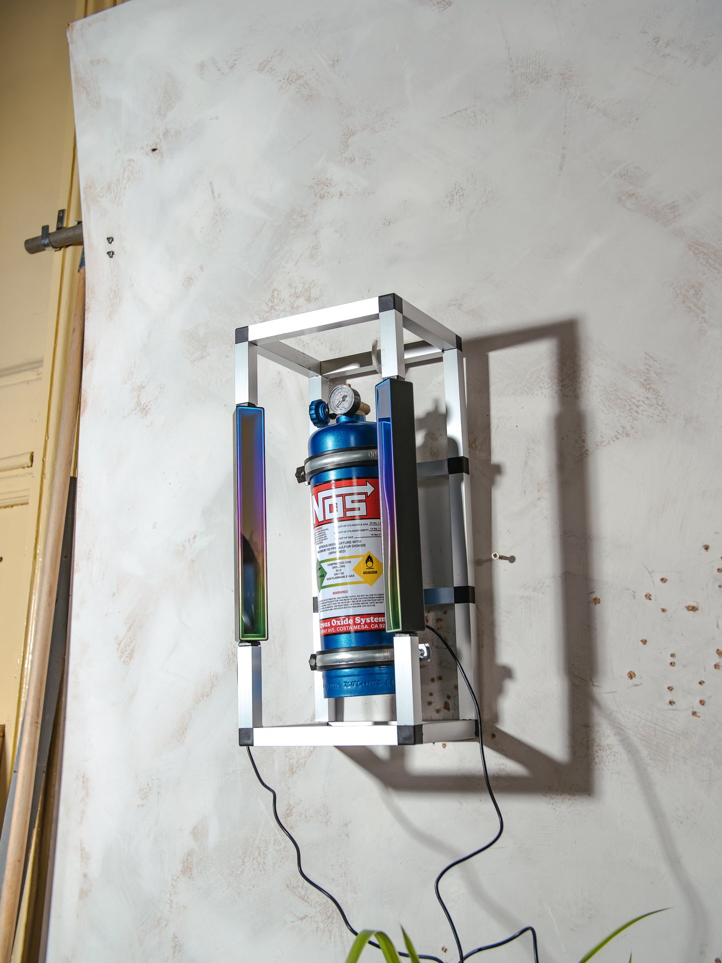 NOS Nitrous Box Cage Lamp, Upcycled Fire Extinguisher Light, Wall or Table Lamp with LED Lightbars & Remote | Racing Decor for Car Lovers