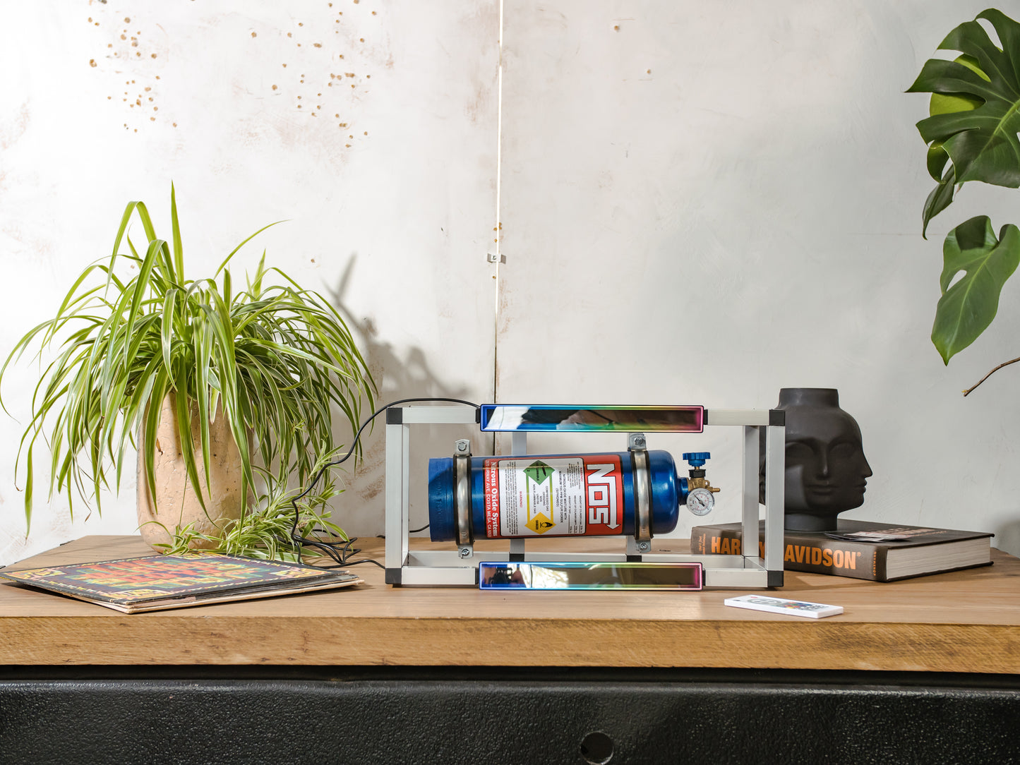 NOS Nitrous Box Cage Lamp, Upcycled Fire Extinguisher Light, Wall or Table Lamp with LED Lightbars & Remote | Racing Decor for Car Lovers