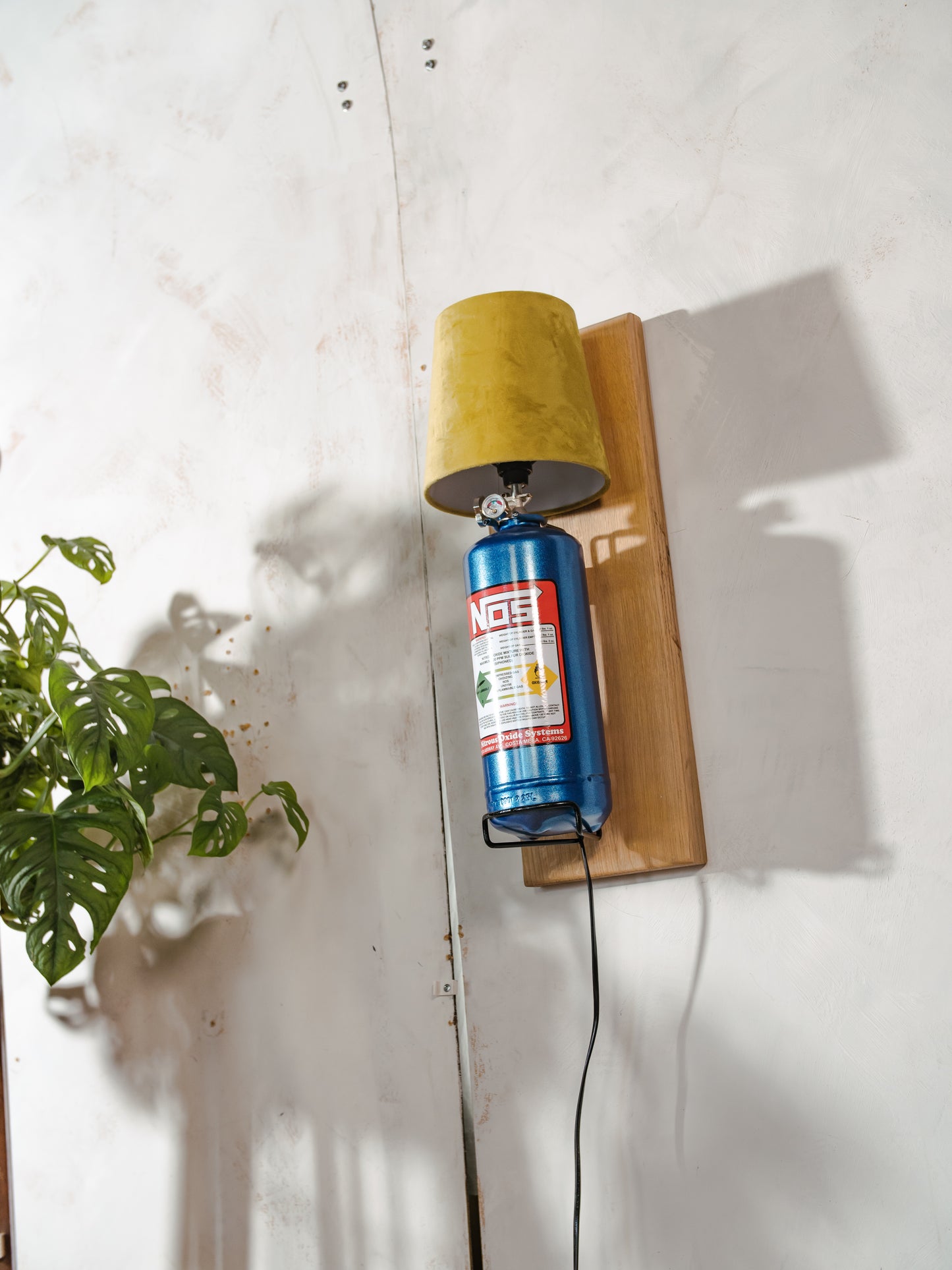 Nitrous Oxide NOS Wall Lamp Sconce, Blue Metal Bottle with Green Lampshade on Oak wood, Upcycled Fire Extinguisher, Autosport Decor