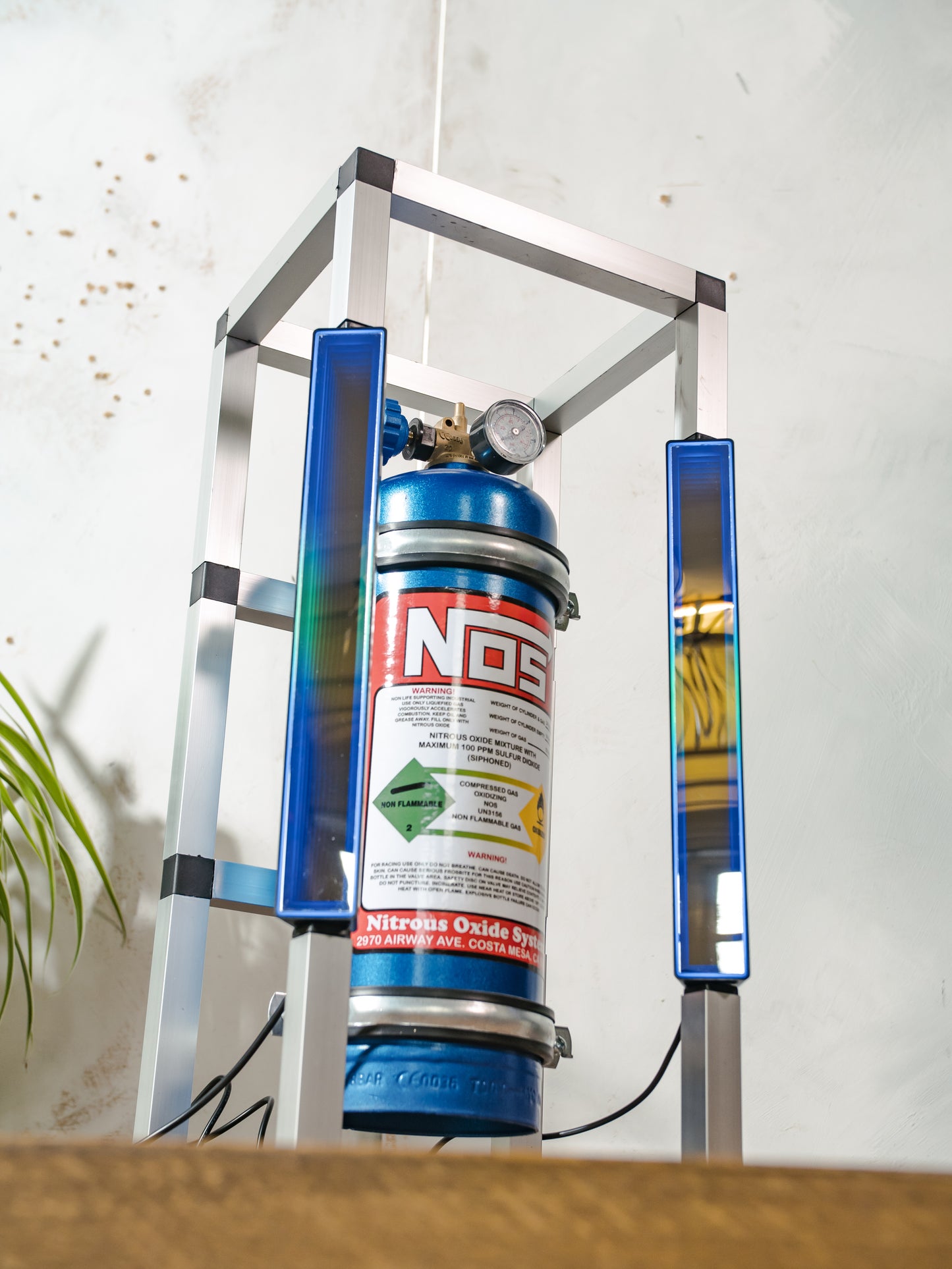 NOS Nitrous Box Cage Lamp, Upcycled Fire Extinguisher Light, Wall or Table Lamp with LED Lightbars & Remote | Racing Decor for Car Lovers