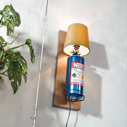 Nitrous Oxide NOS Wall Lamp Sconce, Blue Metal Bottle with Green Lampshade on Oak wood, Upcycled Fire Extinguisher, Autosport Decor