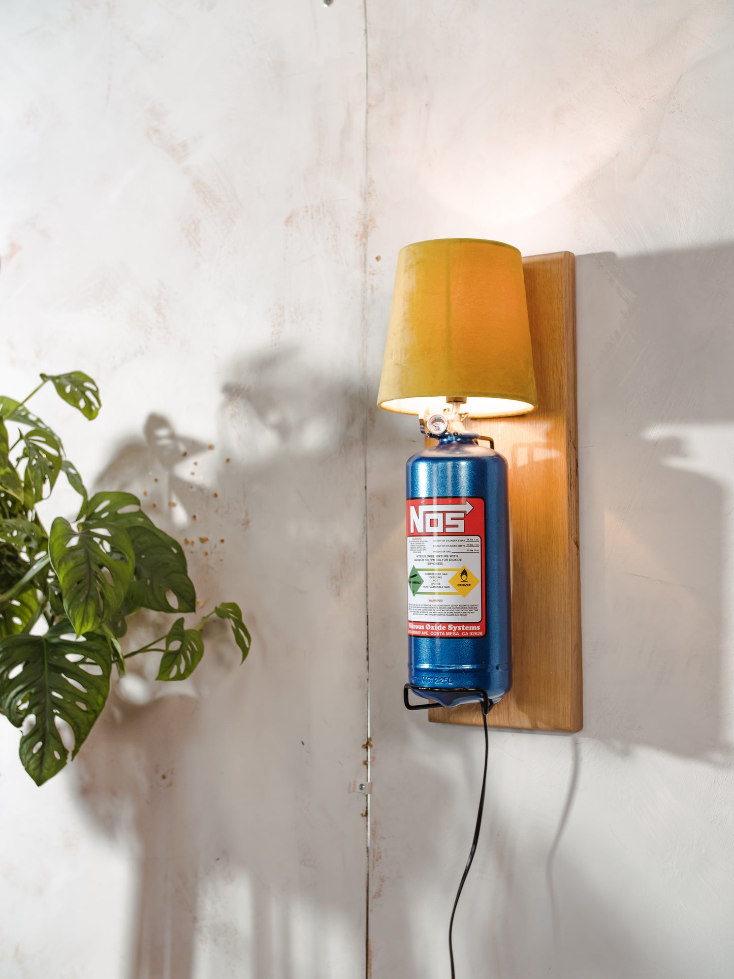 Nitrous Oxide NOS Wall Lamp Sconce, Blue Metal Bottle with Green Lampshade on Oak wood, Upcycled Fire Extinguisher, Autosport Decor