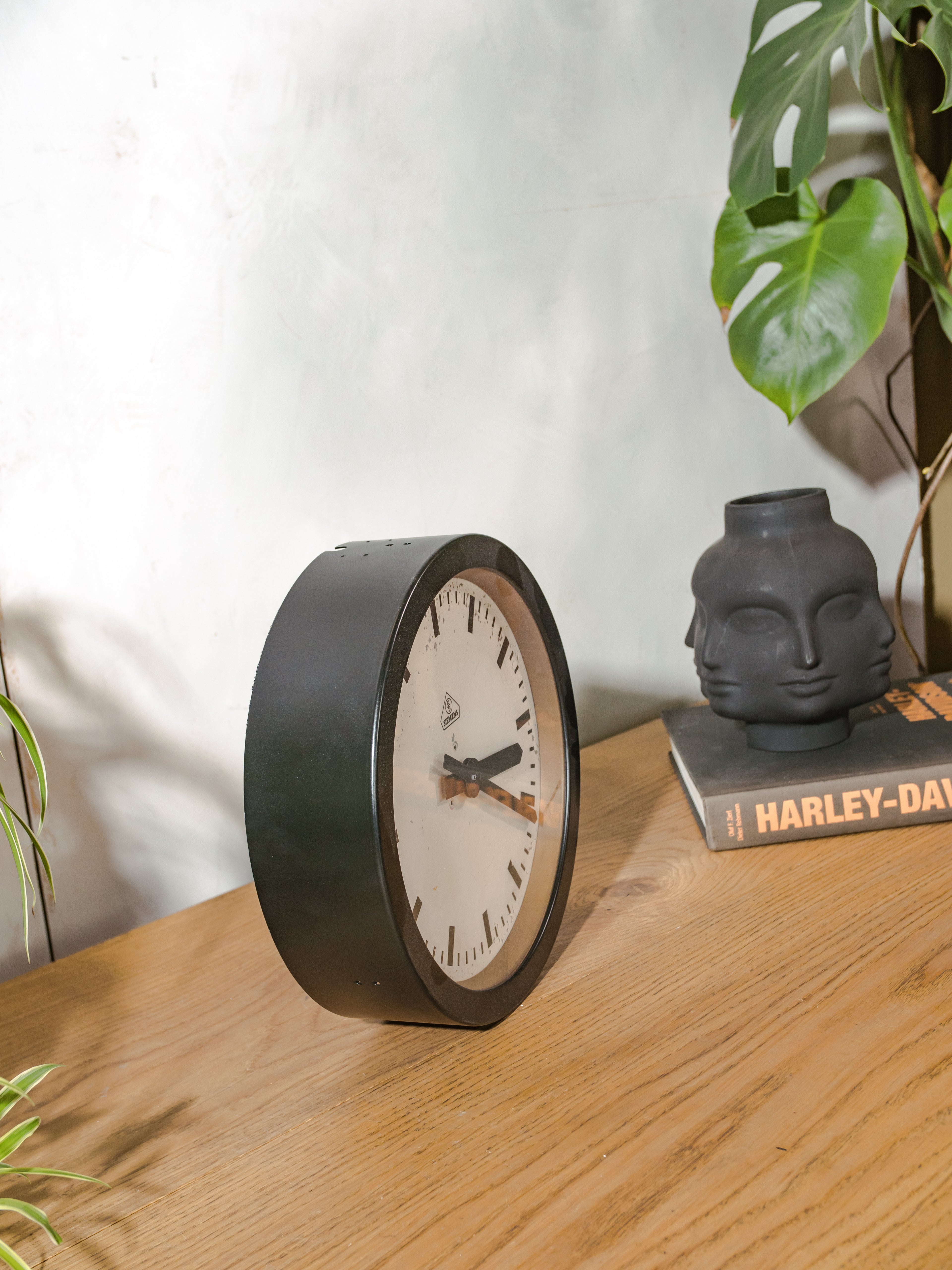 1930s Small Station Clock by Siemens, Ø30 CM, Satin Black Industrial Factory Clock, Converted to Quartz mechanism