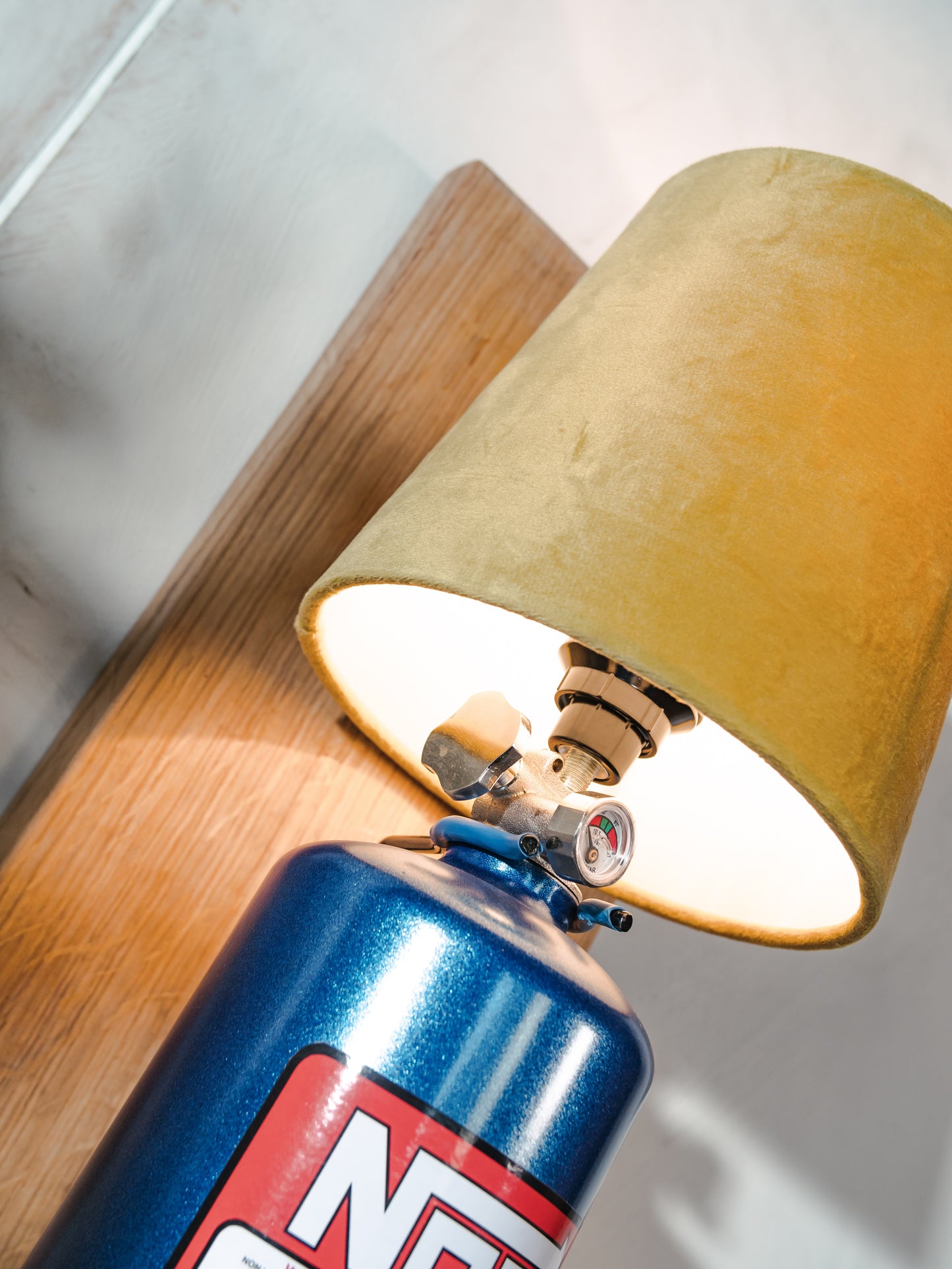 Nitrous Oxide NOS Wall Lamp Sconce, Blue Metal Bottle with Green Lampshade on Oak wood, Upcycled Fire Extinguisher, Autosport Decor