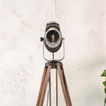Vintage 1950s French A.E. Cremer Baby spot Theater Lamp on Antique Wooden Tripod, Industrial Spotlight FloorLamp for Loft or Home Decor