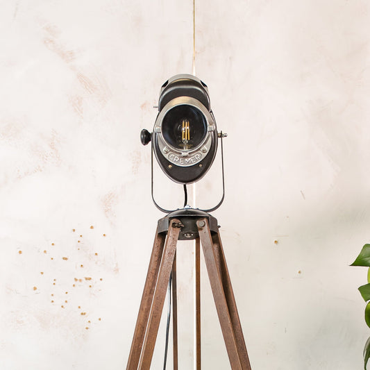 Vintage 1950s French A.E. Cremer Baby spot Theater Lamp on Antique Wooden Tripod, Industrial Spotlight FloorLamp for Loft or Home Decor