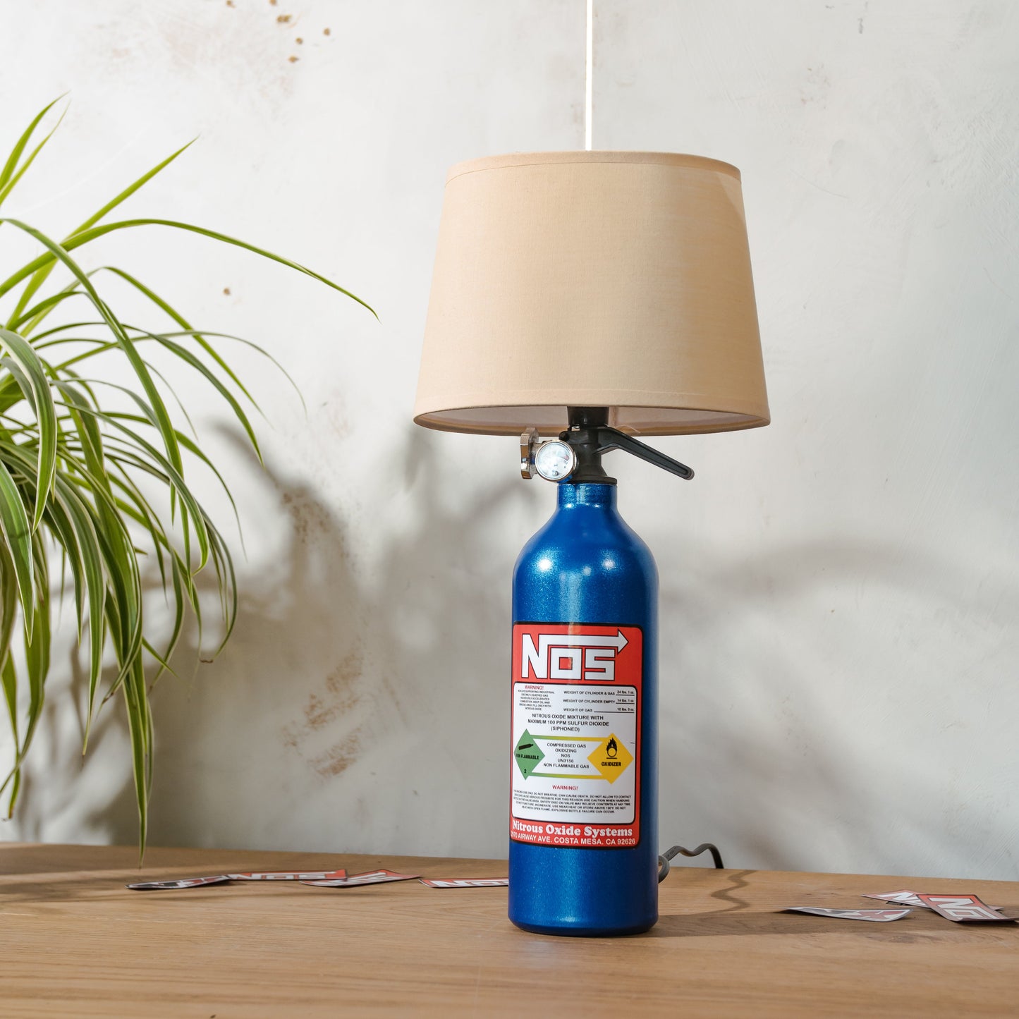 NOS Nitrous Table Lamp, Blue Metal Bottle, Upcycled Fire Extinguisher Tuners Light, Car Enthusiast Gift, Racing Decor, with lampshade