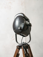Vintage 1950s French A.E. Cremer Baby spot Theater Lamp on Antique Wooden Tripod, Industrial Spotlight FloorLamp for Loft or Home Decor