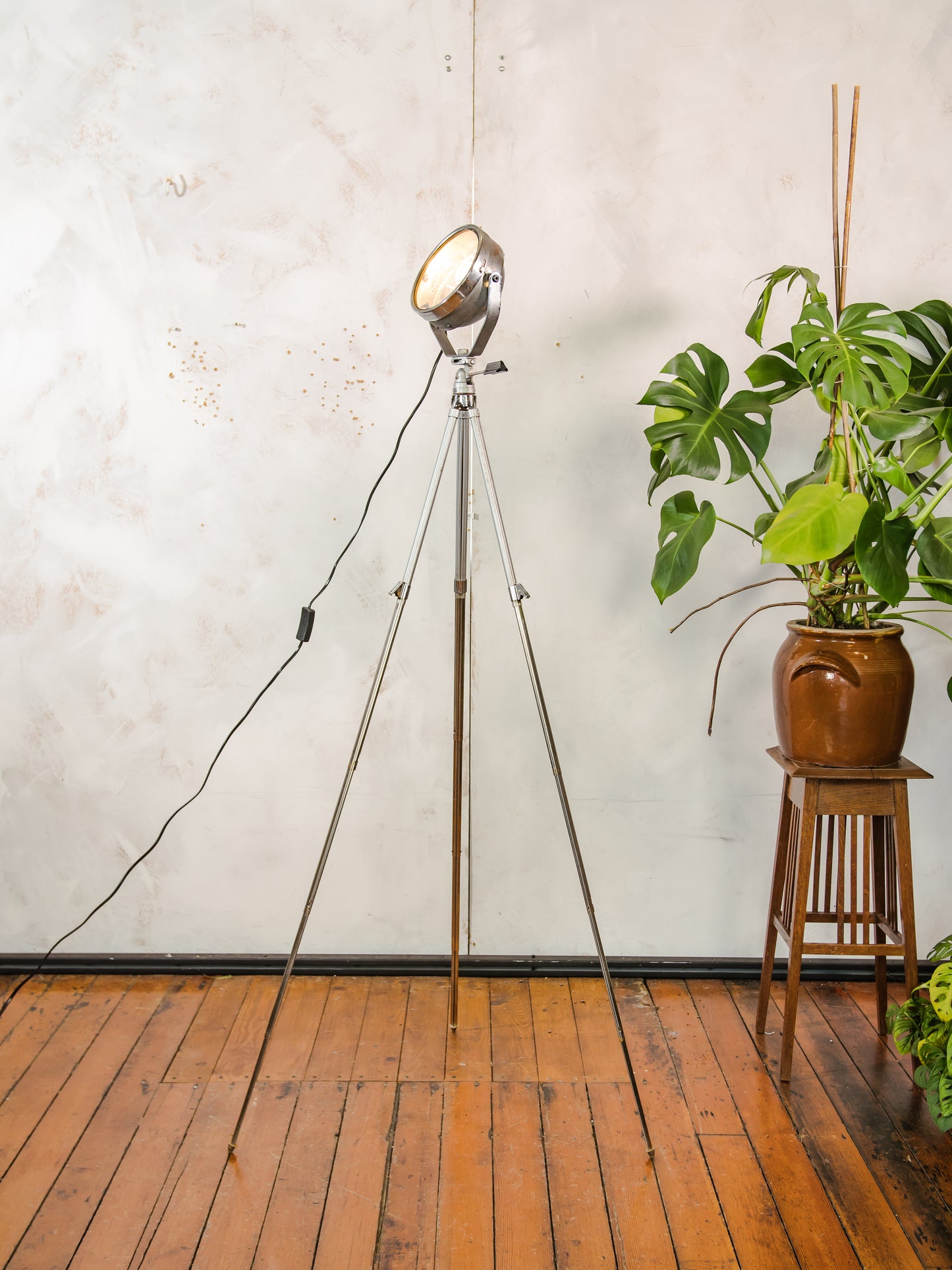 Vintage Headlight on an Aluminum Bilora Photography Tripod, Old Automotive Floor lamp, can be converted into Desk lamp