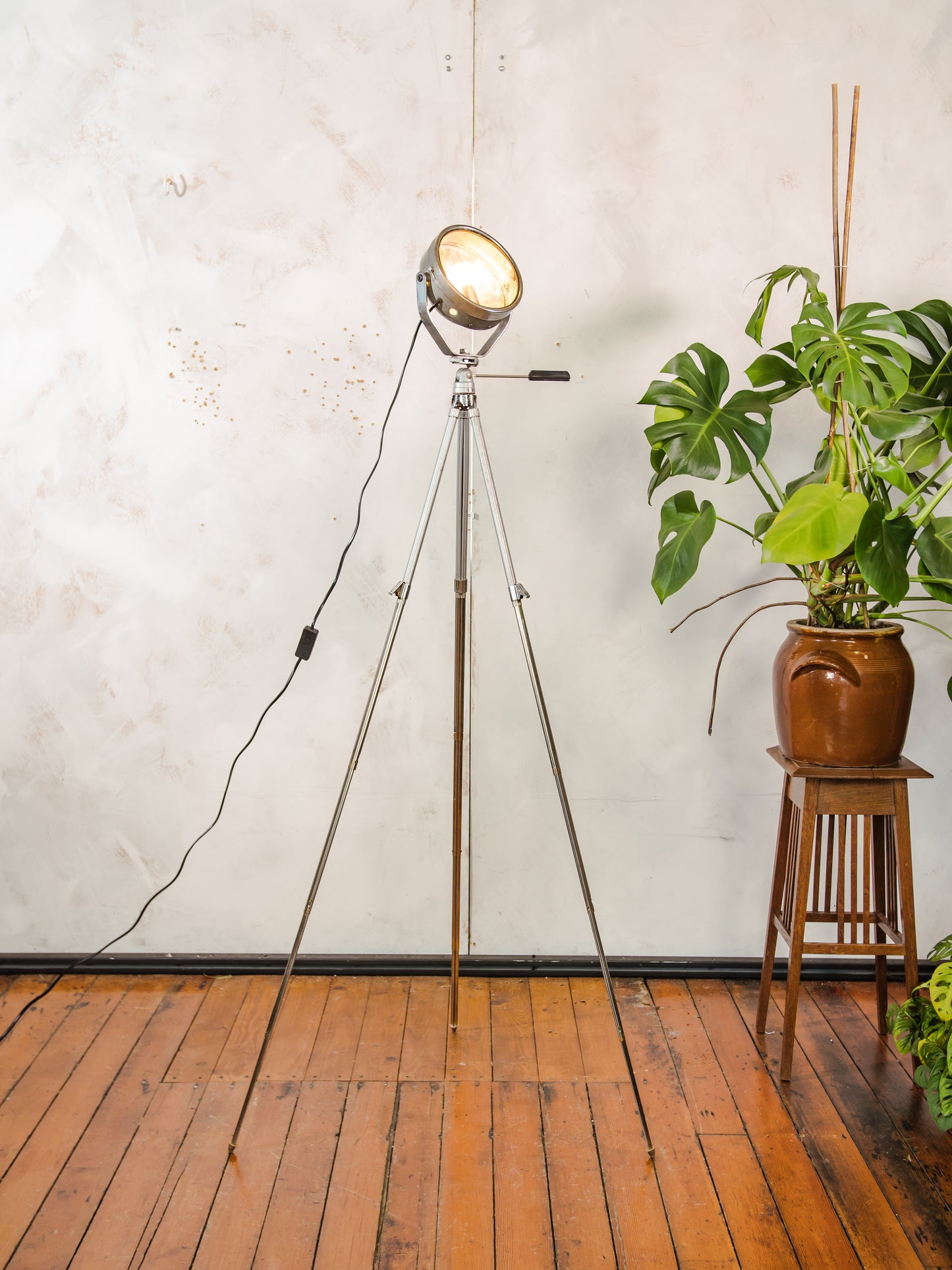 Vintage Headlight on an Aluminum Bilora Photography Tripod, Old Automotive Floor lamp, can be converted into Desk lamp