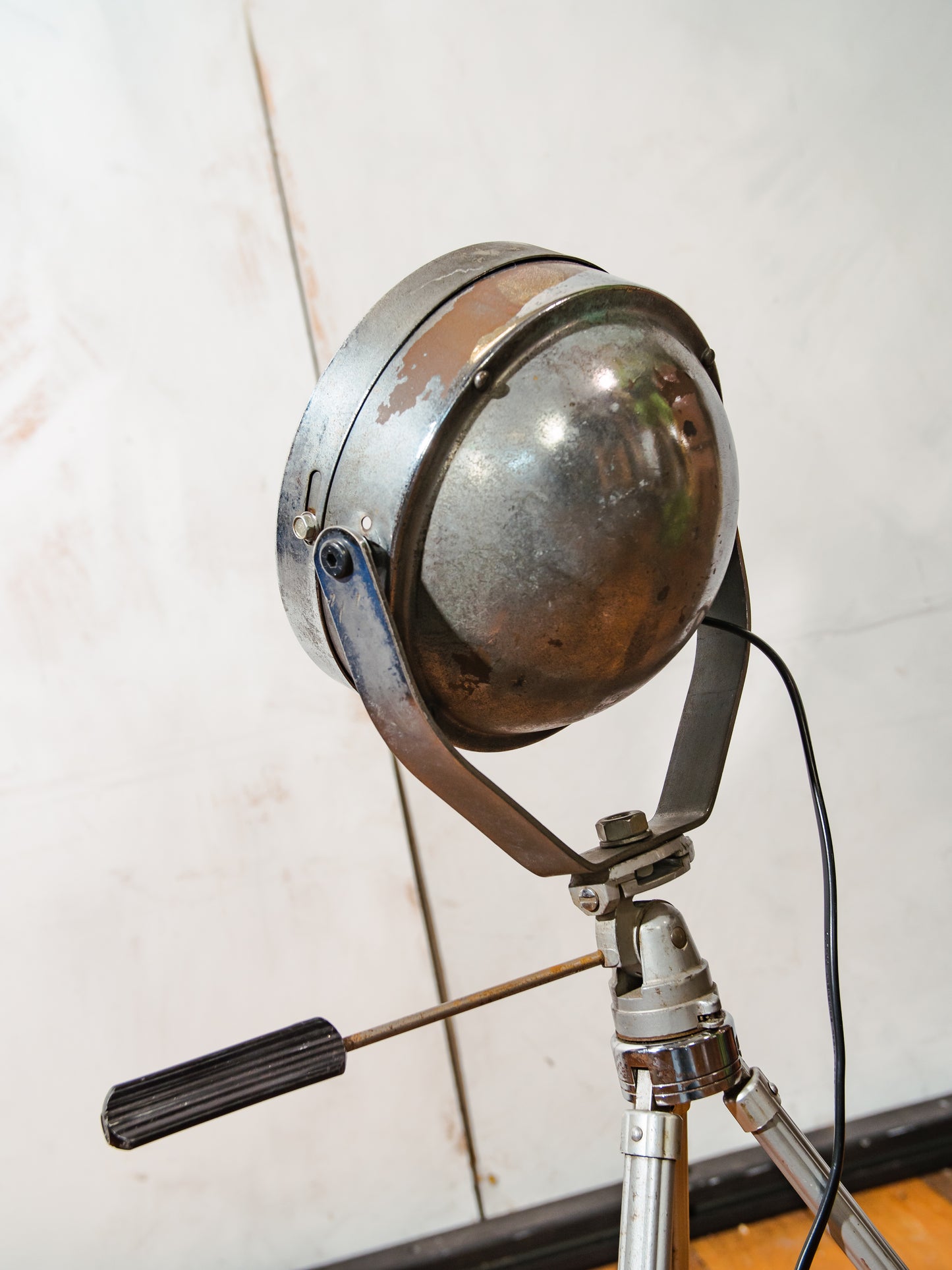 Vintage Headlight on an Aluminum Bilora Photography Tripod, Old Automotive Floor lamp, can be converted into Desk lamp