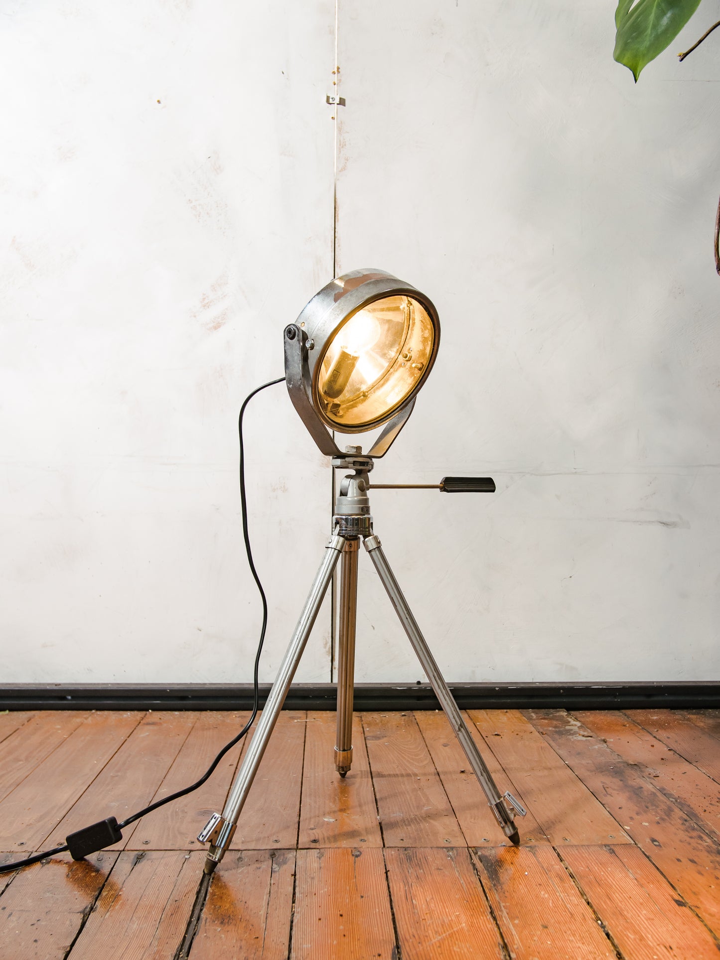 Vintage Headlight on an Aluminum Bilora Photography Tripod, Old Automotive Floor lamp, can be converted into Desk lamp