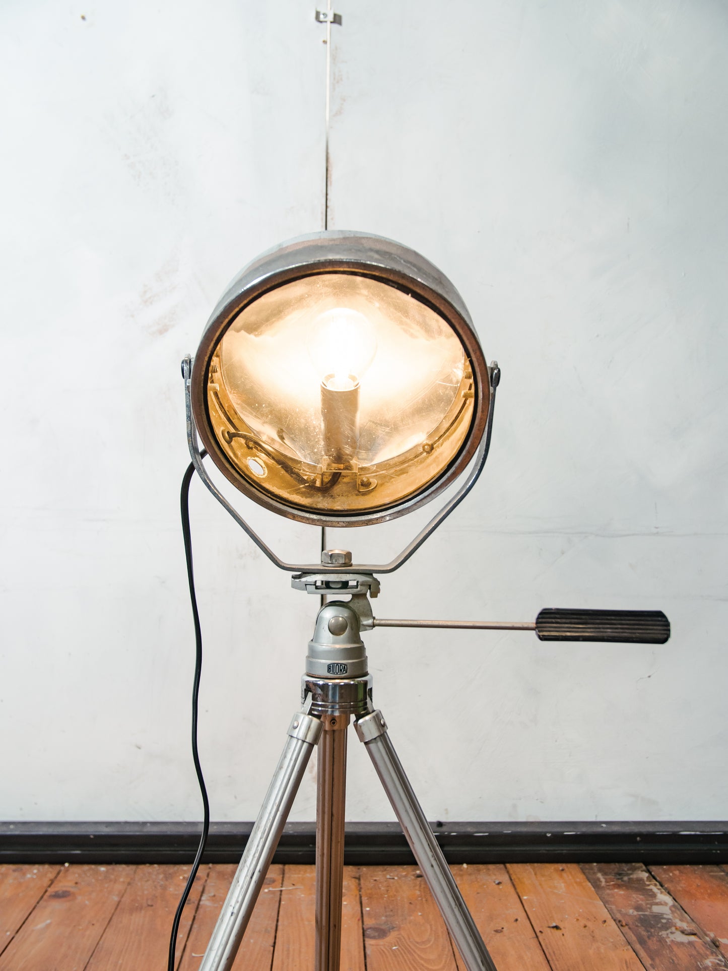 Vintage Headlight on an Aluminum Bilora Photography Tripod, Old Automotive Floor lamp, can be converted into Desk lamp