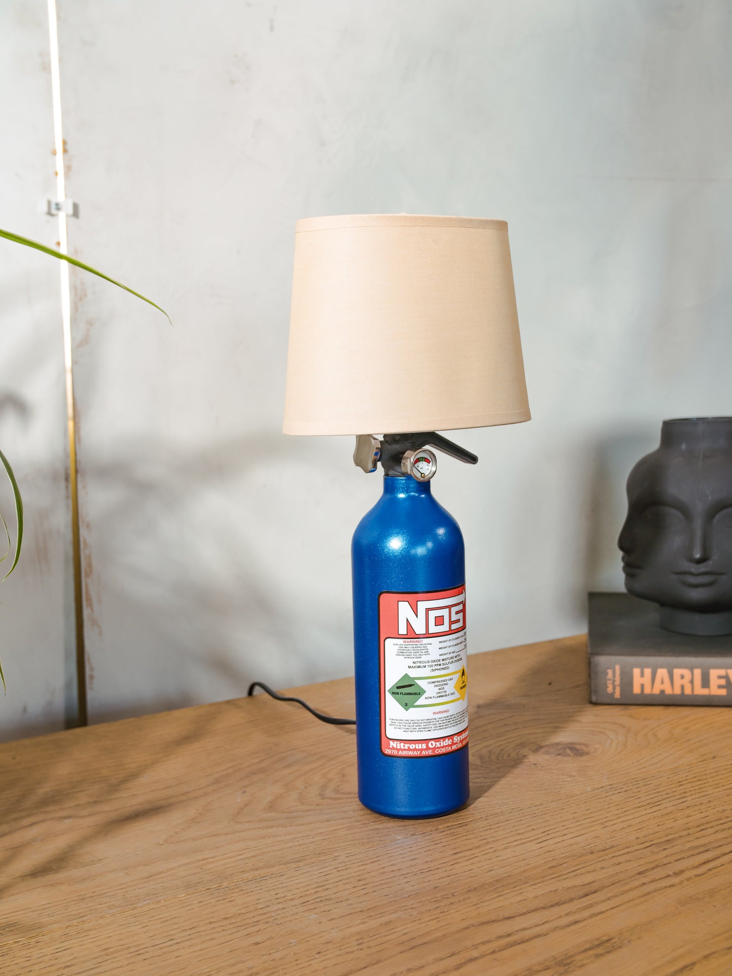 NOS Nitrous Table Lamp, Blue Metal Bottle, Upcycled Fire Extinguisher Tuners Light, Car Enthusiast Gift, Racing Decor, with lampshade
