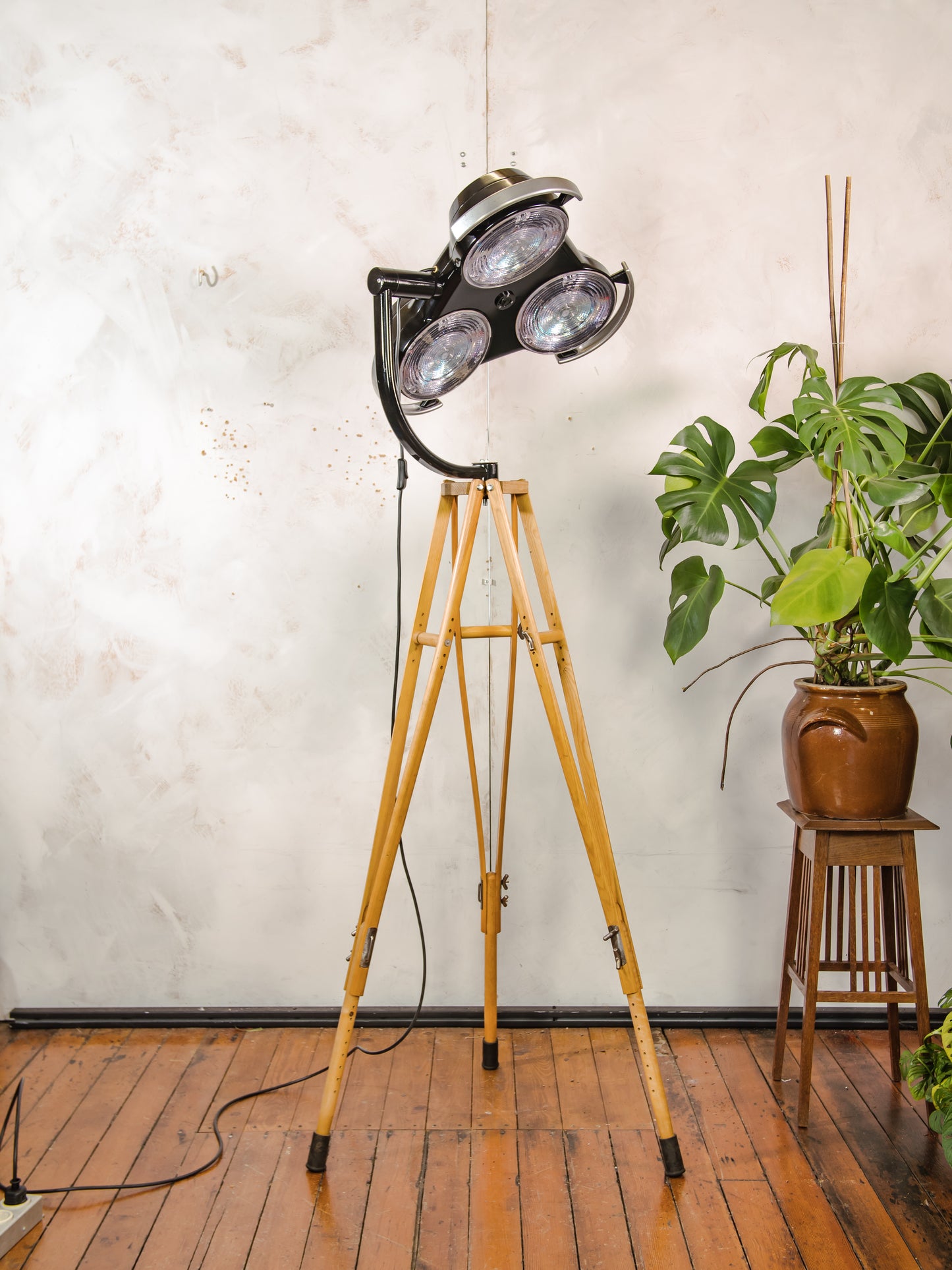 Black Hospital 3-way Floor Lamp, Upcycled MCM Spotlight on Wooden Crutches Tripod, Retro Surgery Statement Lighting Loft & Studio