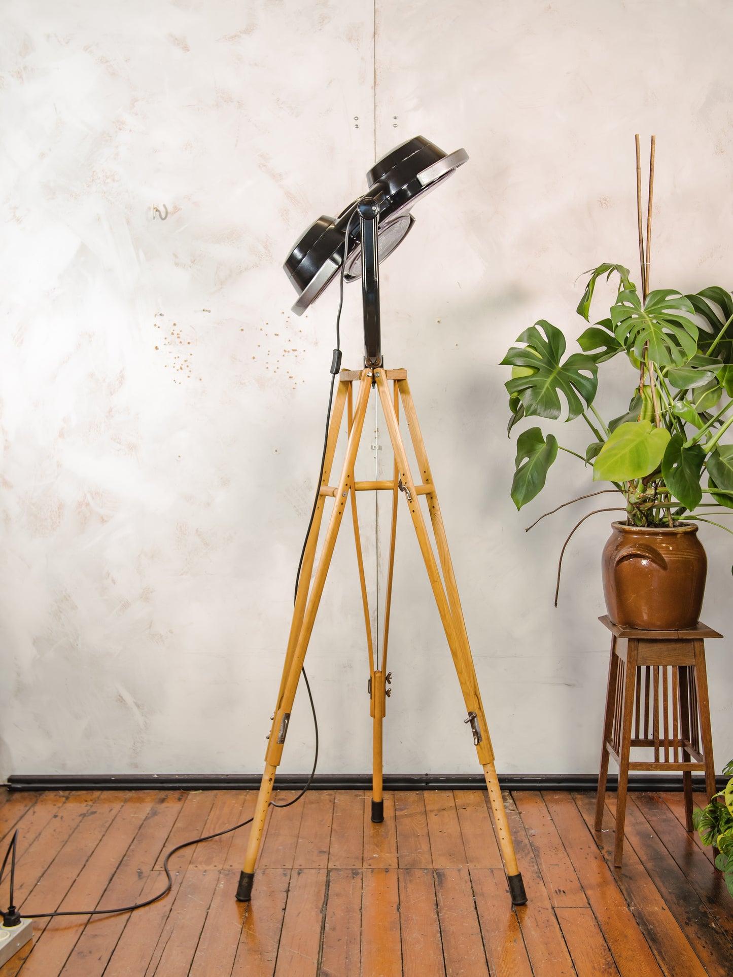 Black Hospital 3-way Floor Lamp, Upcycled MCM Spotlight on Wooden Crutches Tripod, Retro Surgery Statement Lighting Loft & Studio